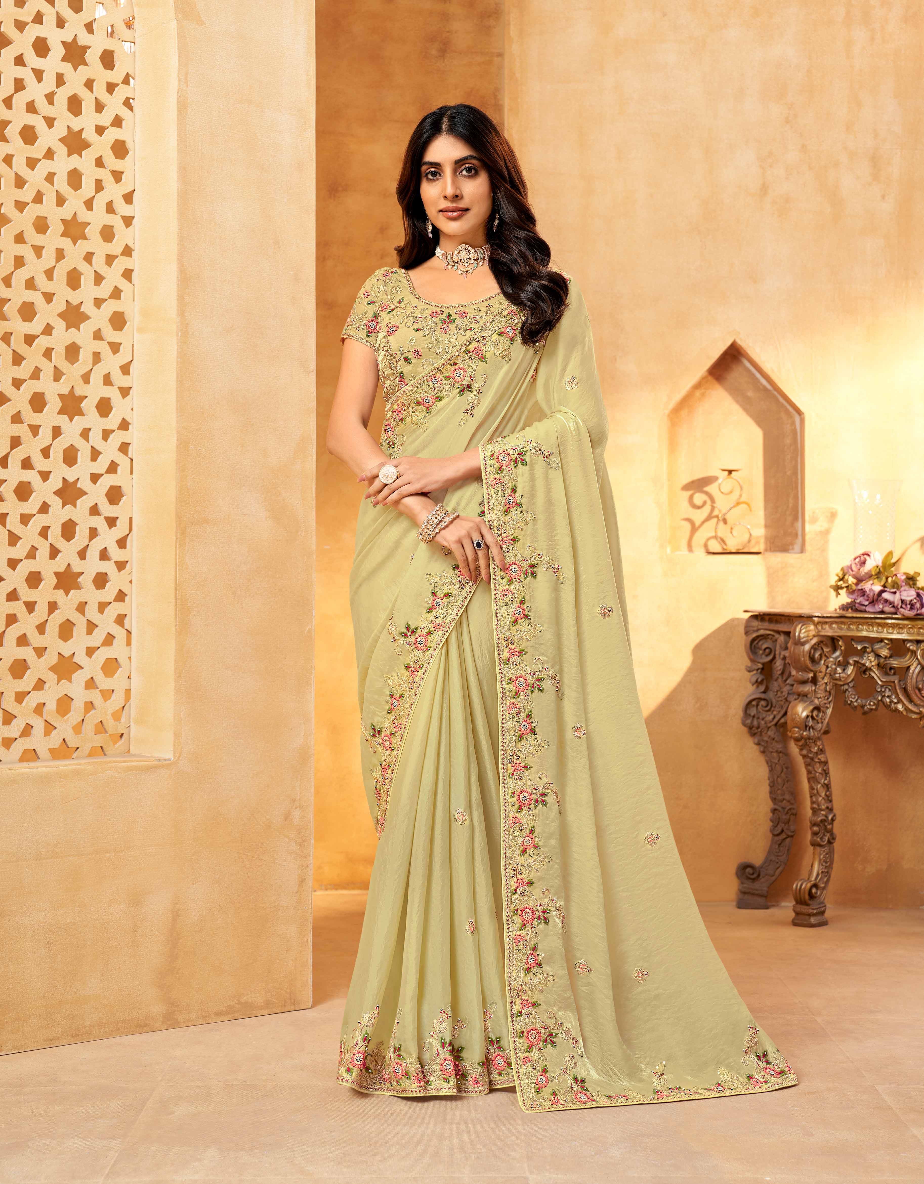 Pastel yellow organza saree