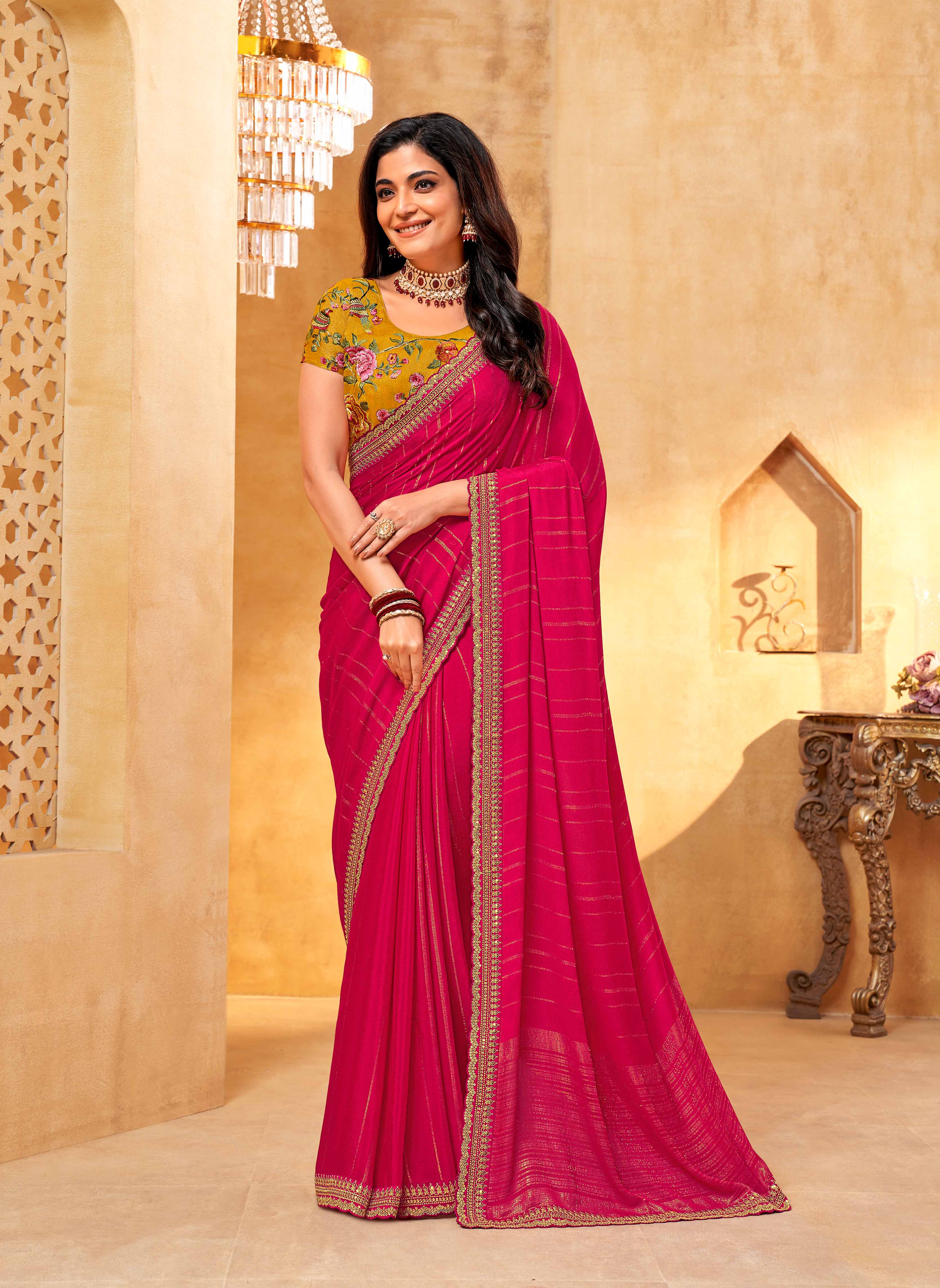 Pink zari work saree