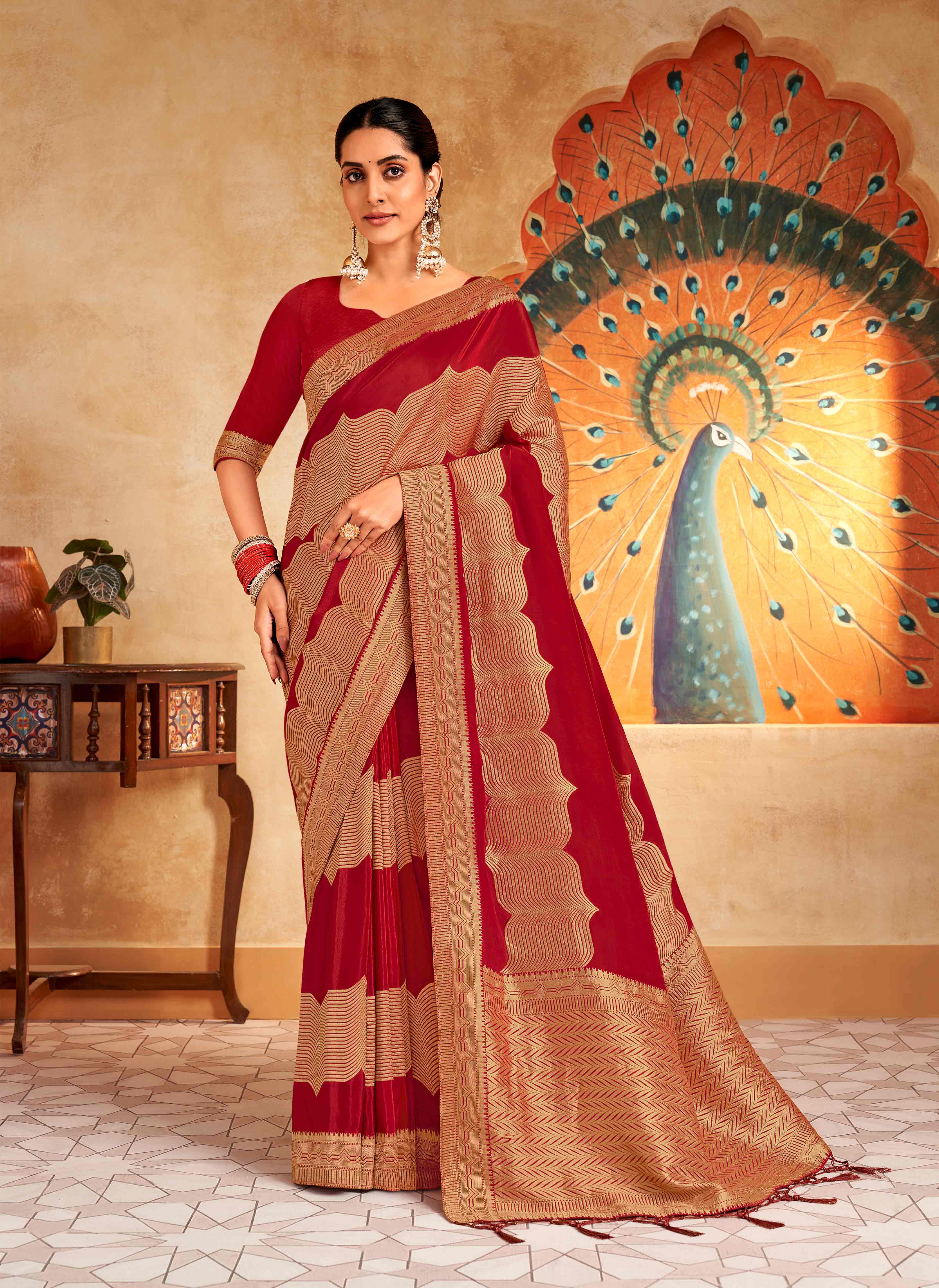 Red brocade silk saree