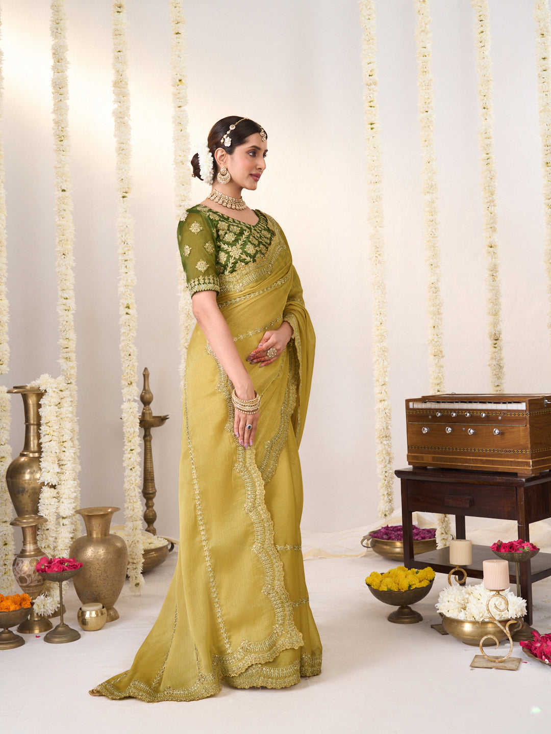 Olive Green embroidered chiffon saree