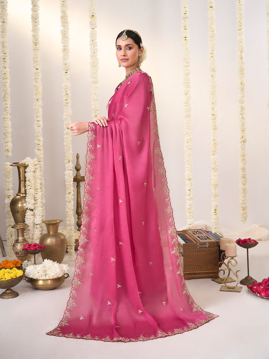 Pink saree with matching blouse