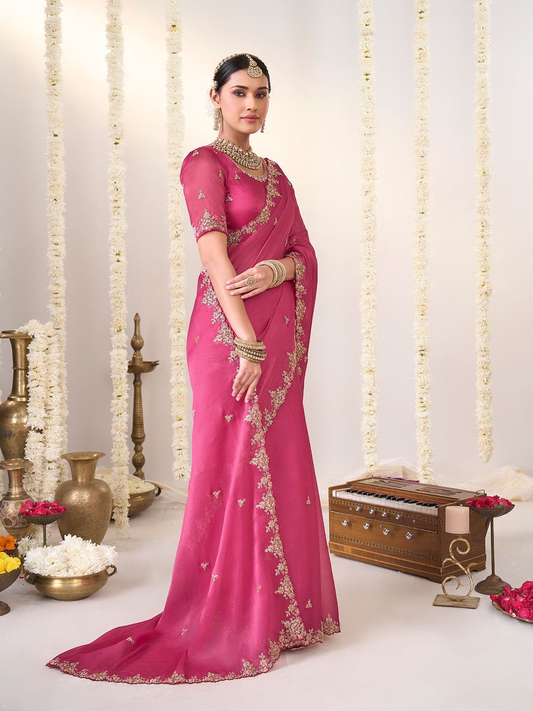 Floral work chiffon saree