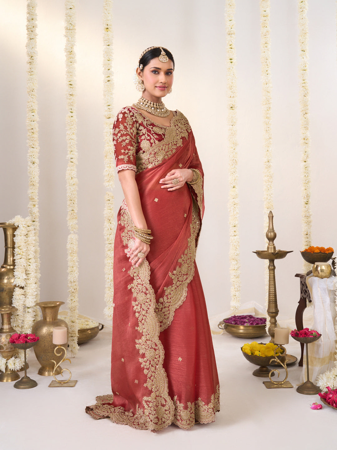 Orange saree with red blouse