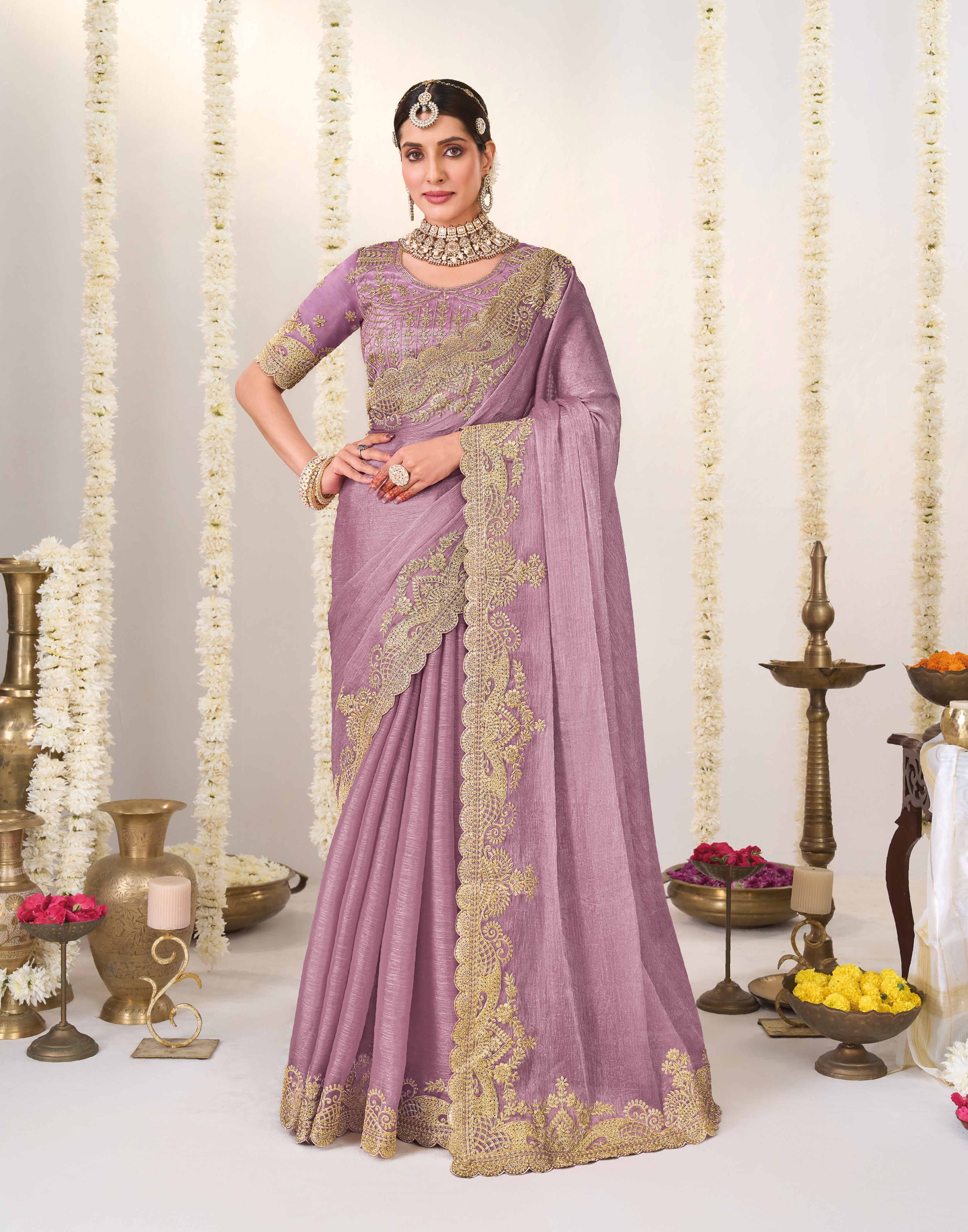 Purple embroidered chiffon saree