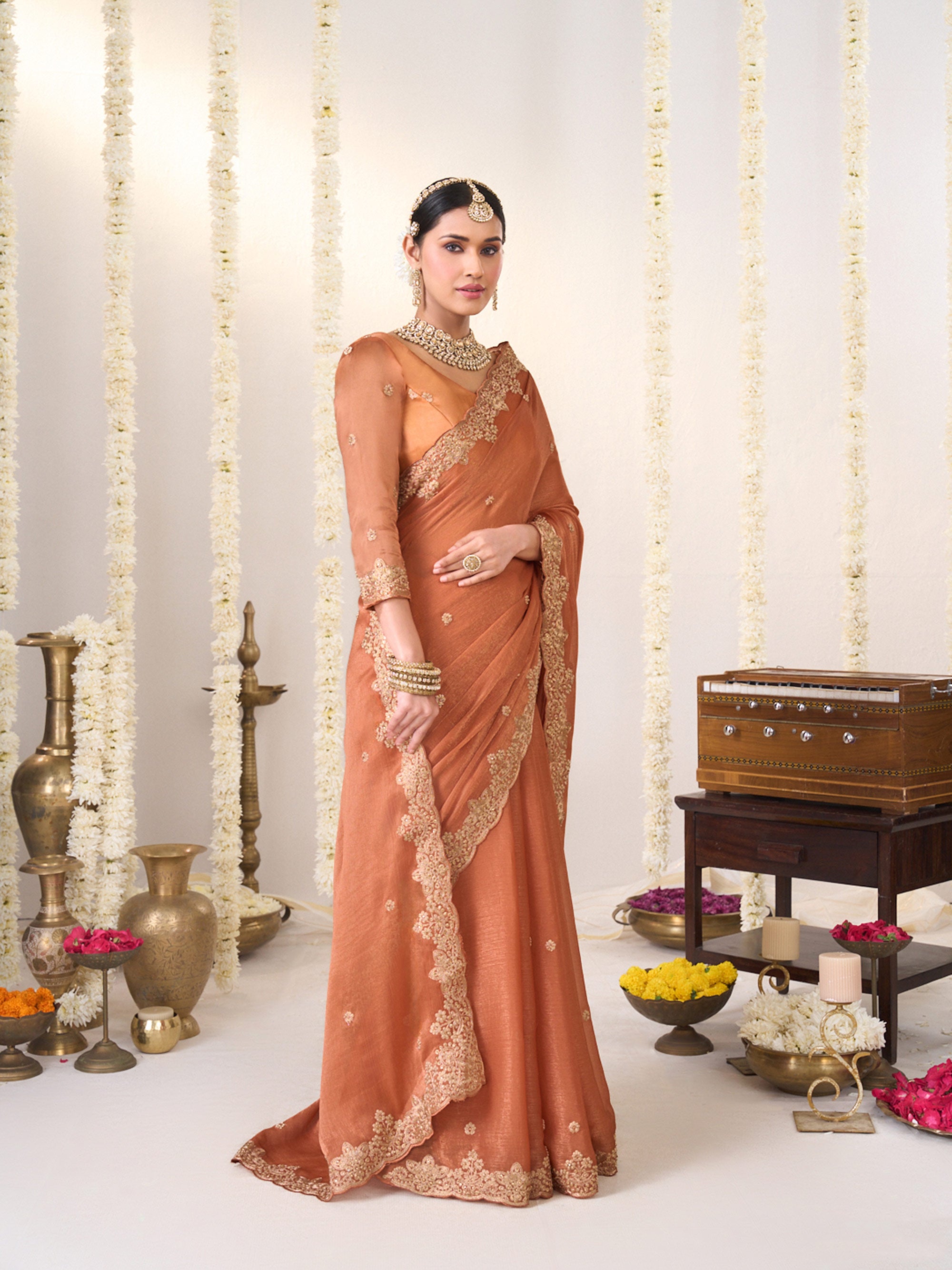 Floral work chiffon saree