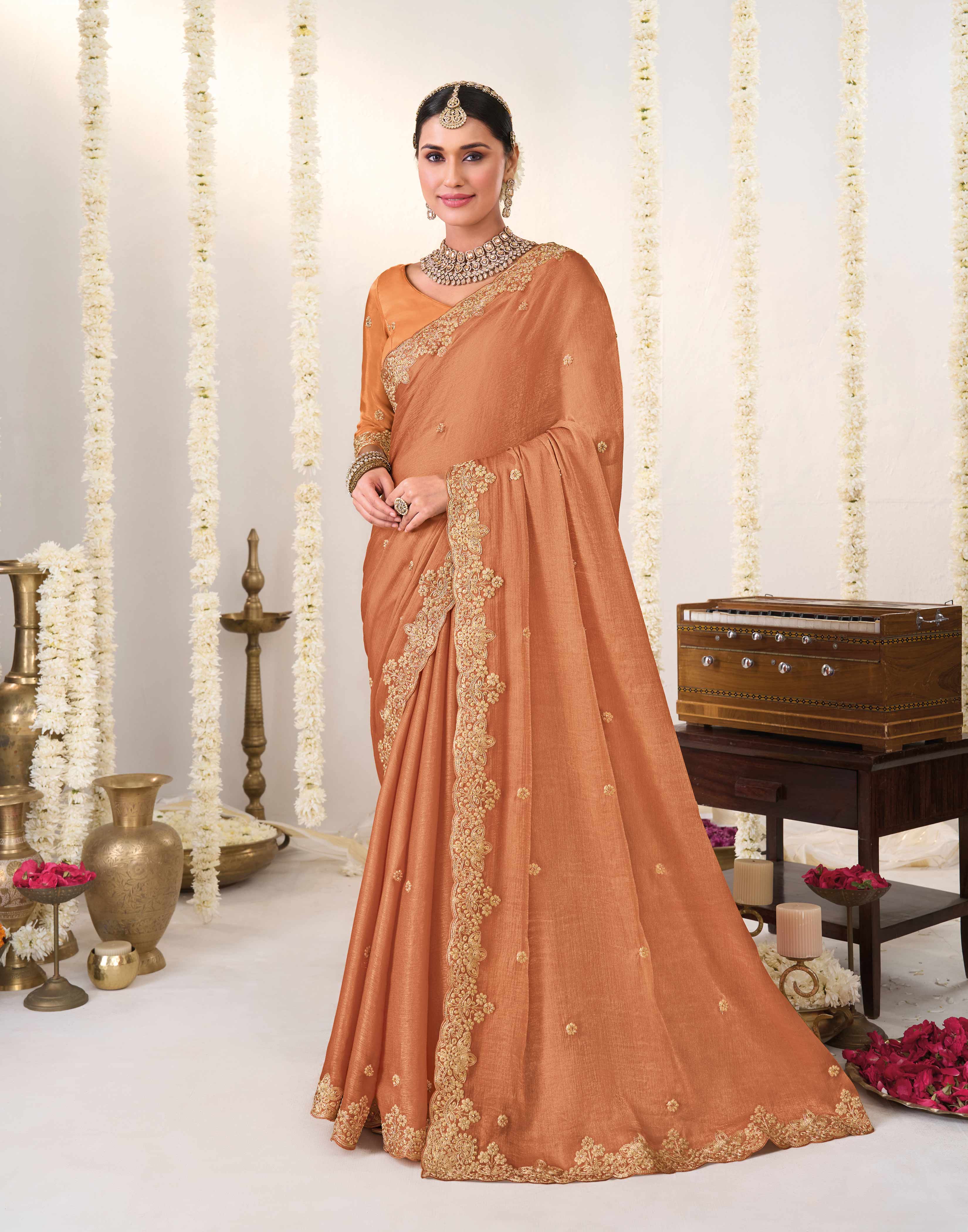 Orange embroidered chiffon saree