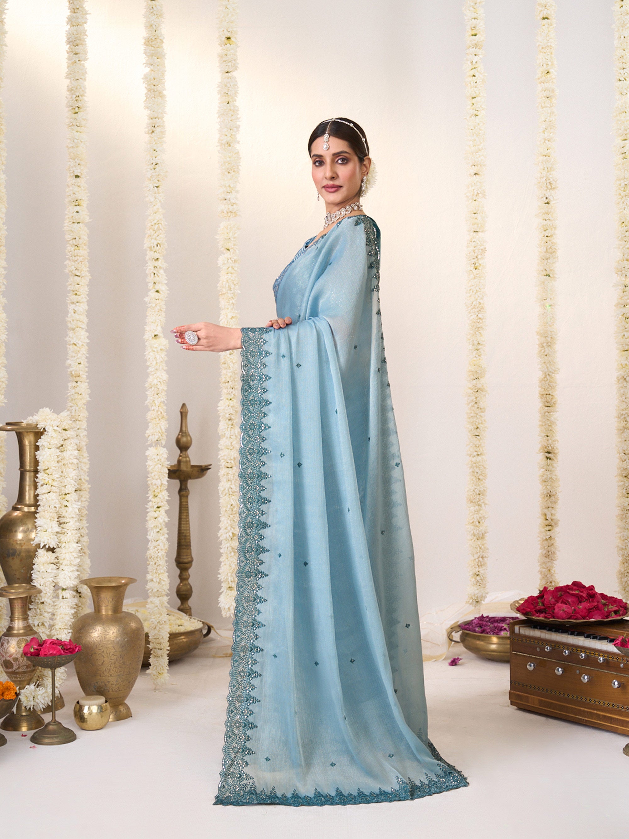 Floral embroidery chiffon saree