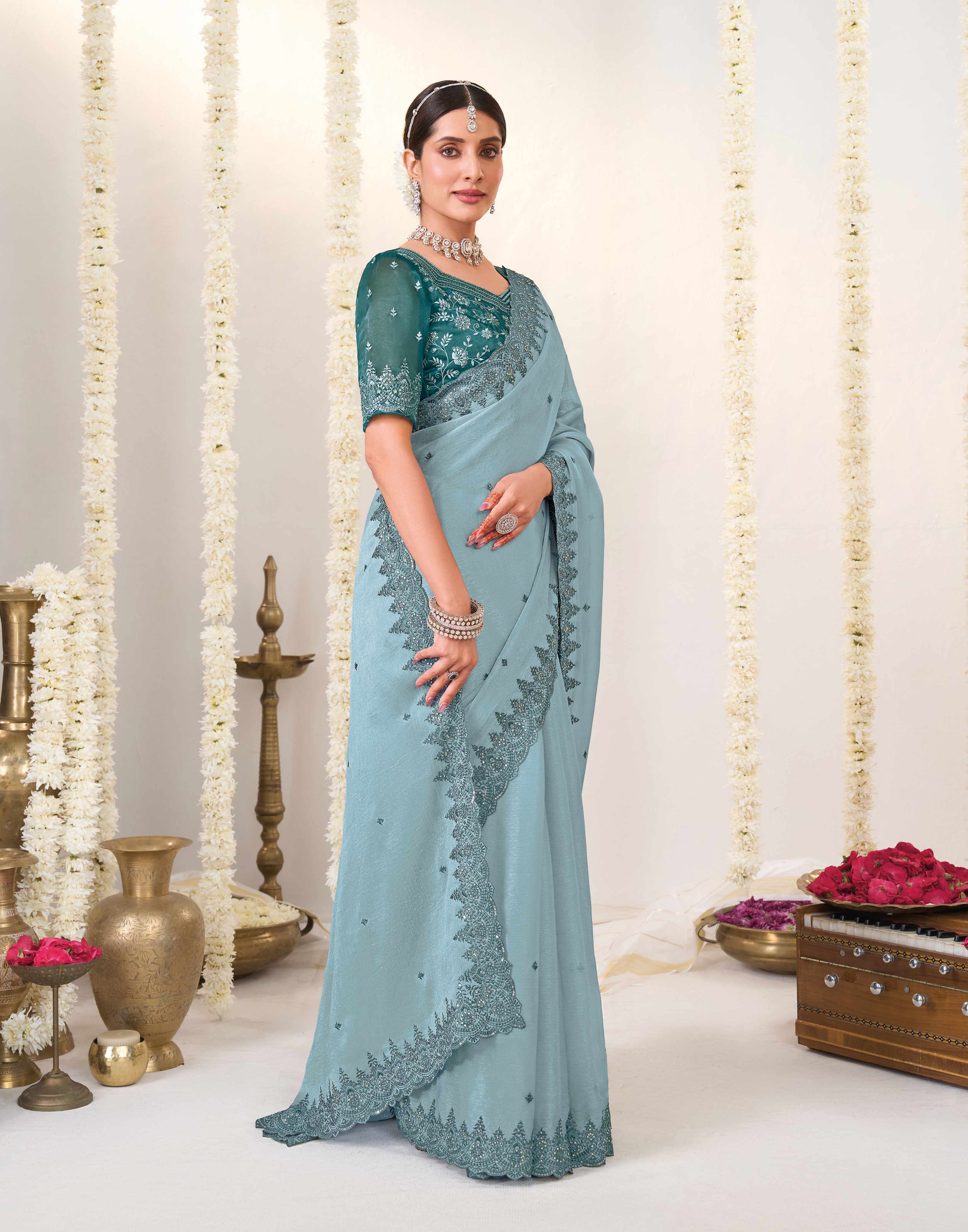blue embroidered chiffon saree
