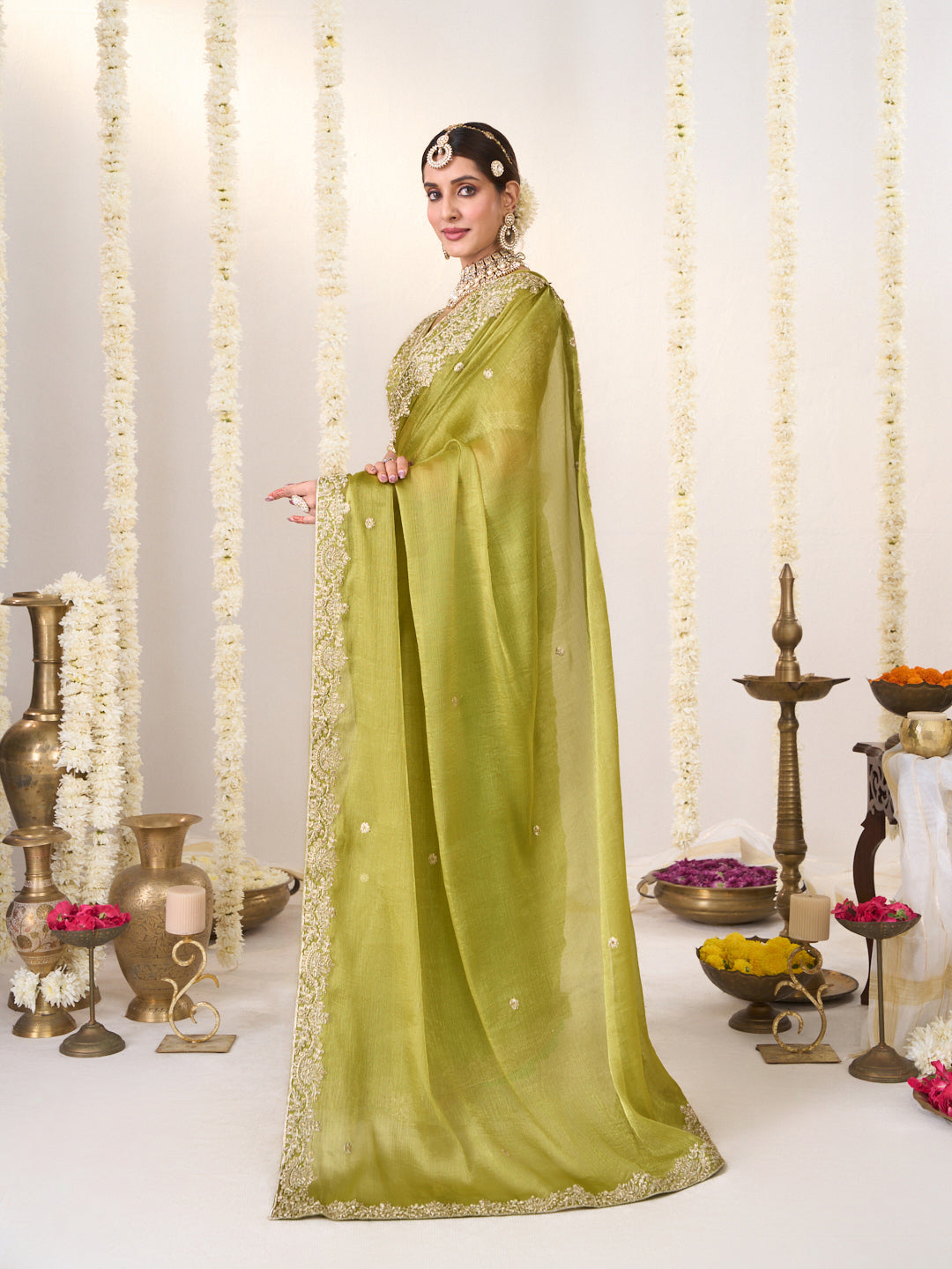 Floral embroidery chiffon saree