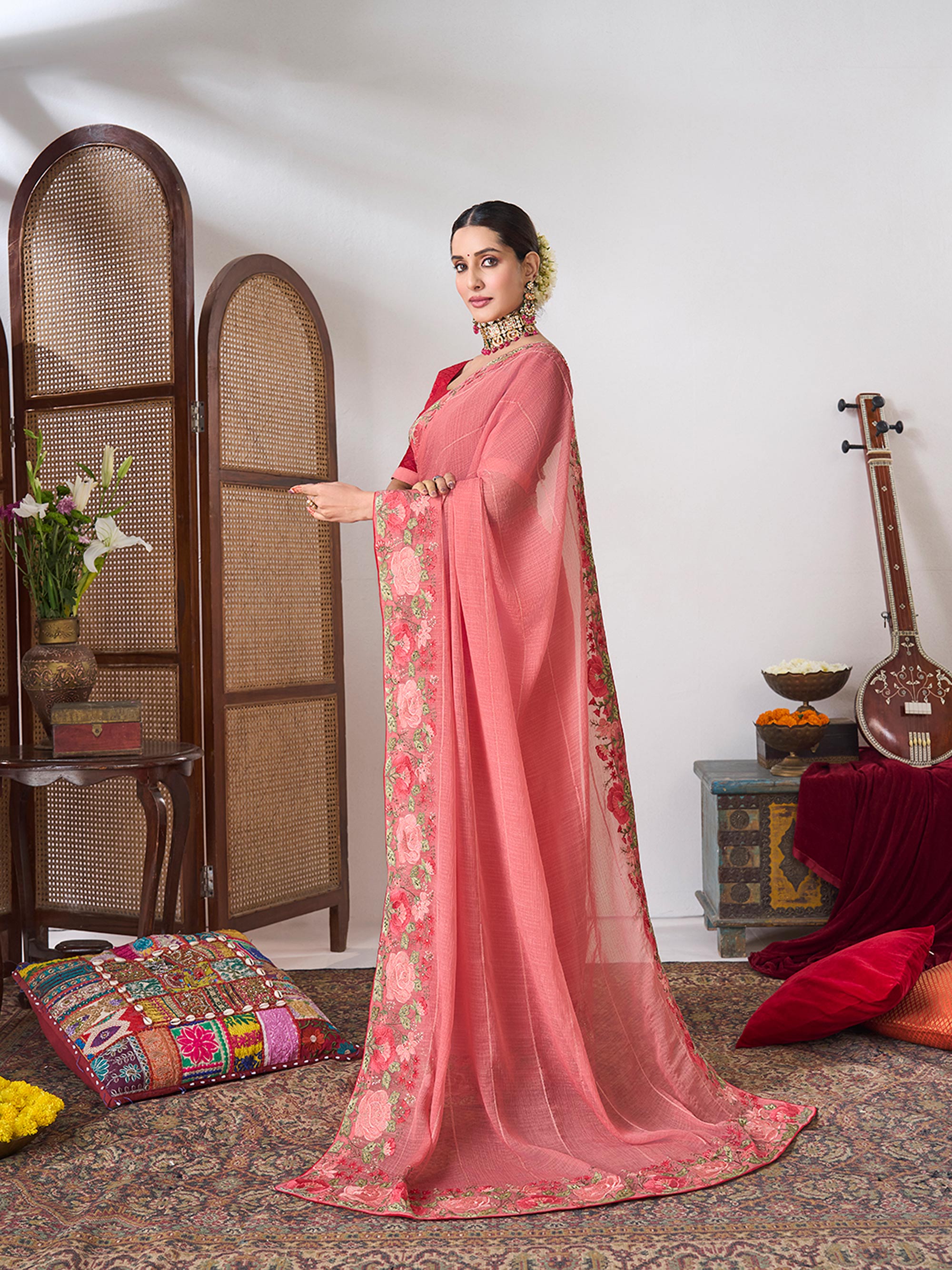 Pink festive wear saree