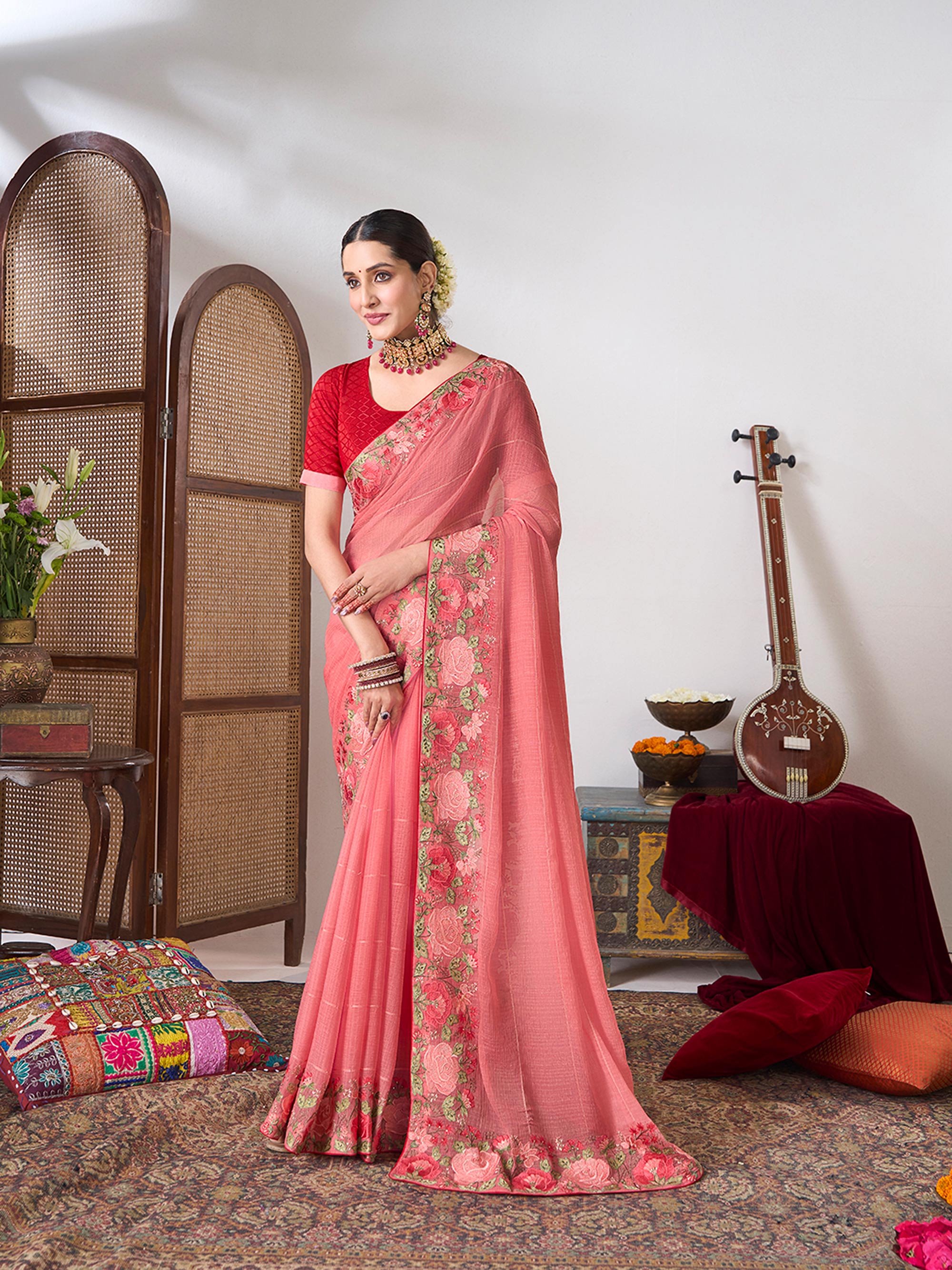 Pink floral embroidered saree