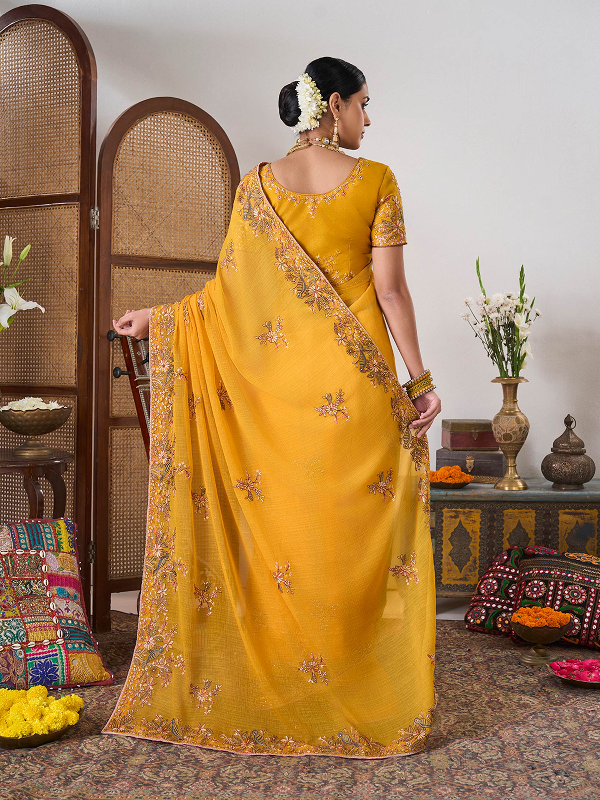 Yellow embroidered chiffon saree