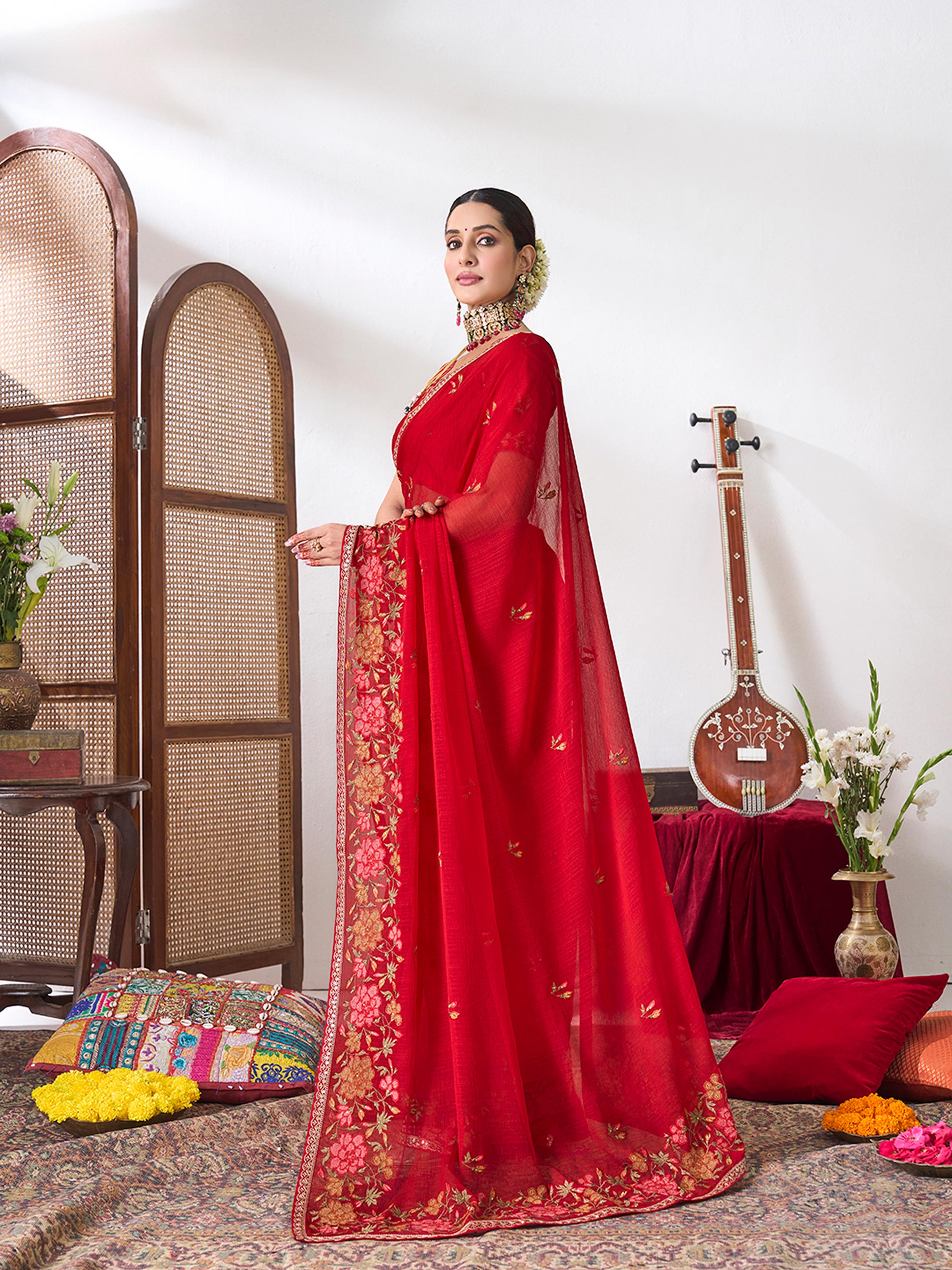 Red party wear saree