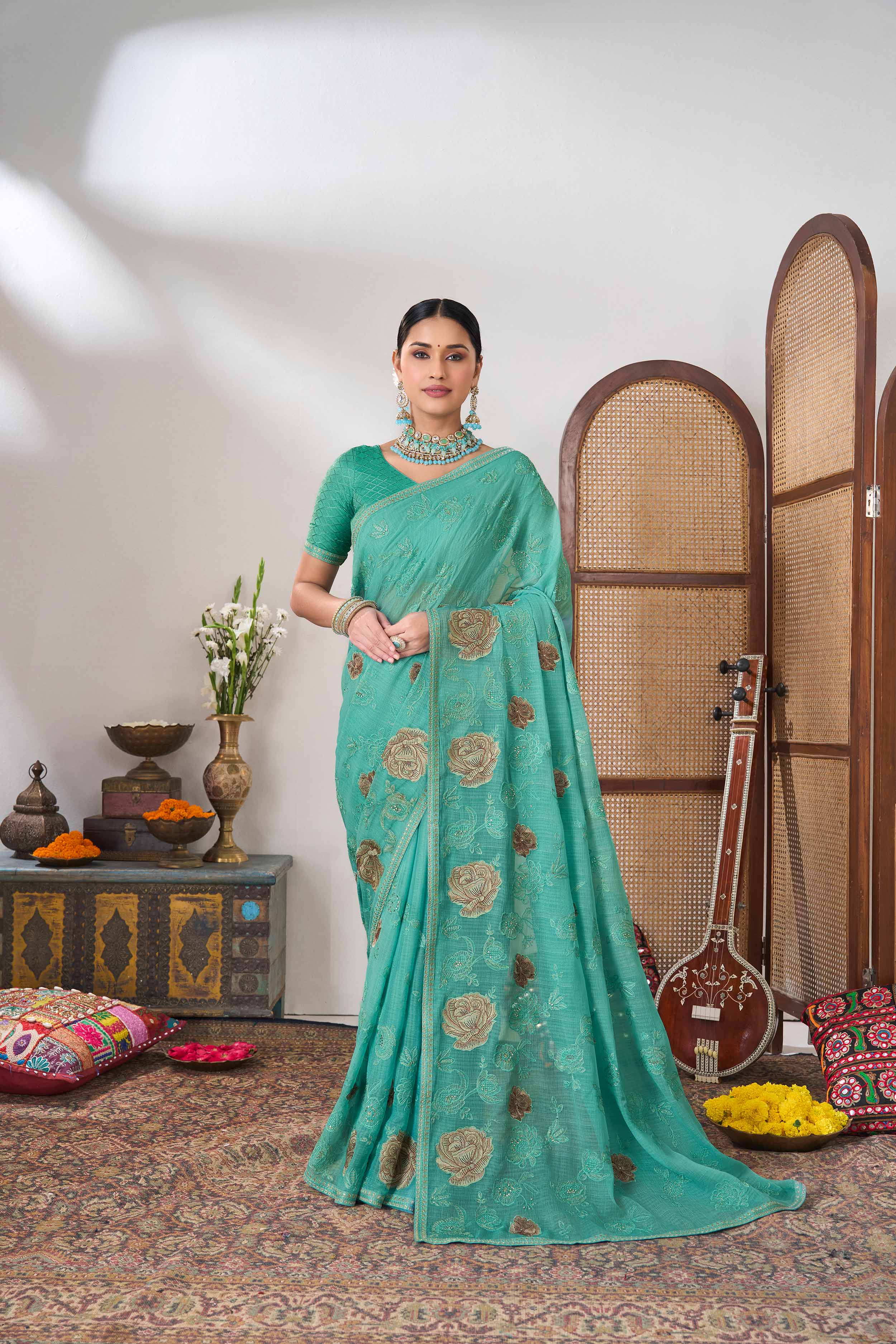 blue embroidered saree