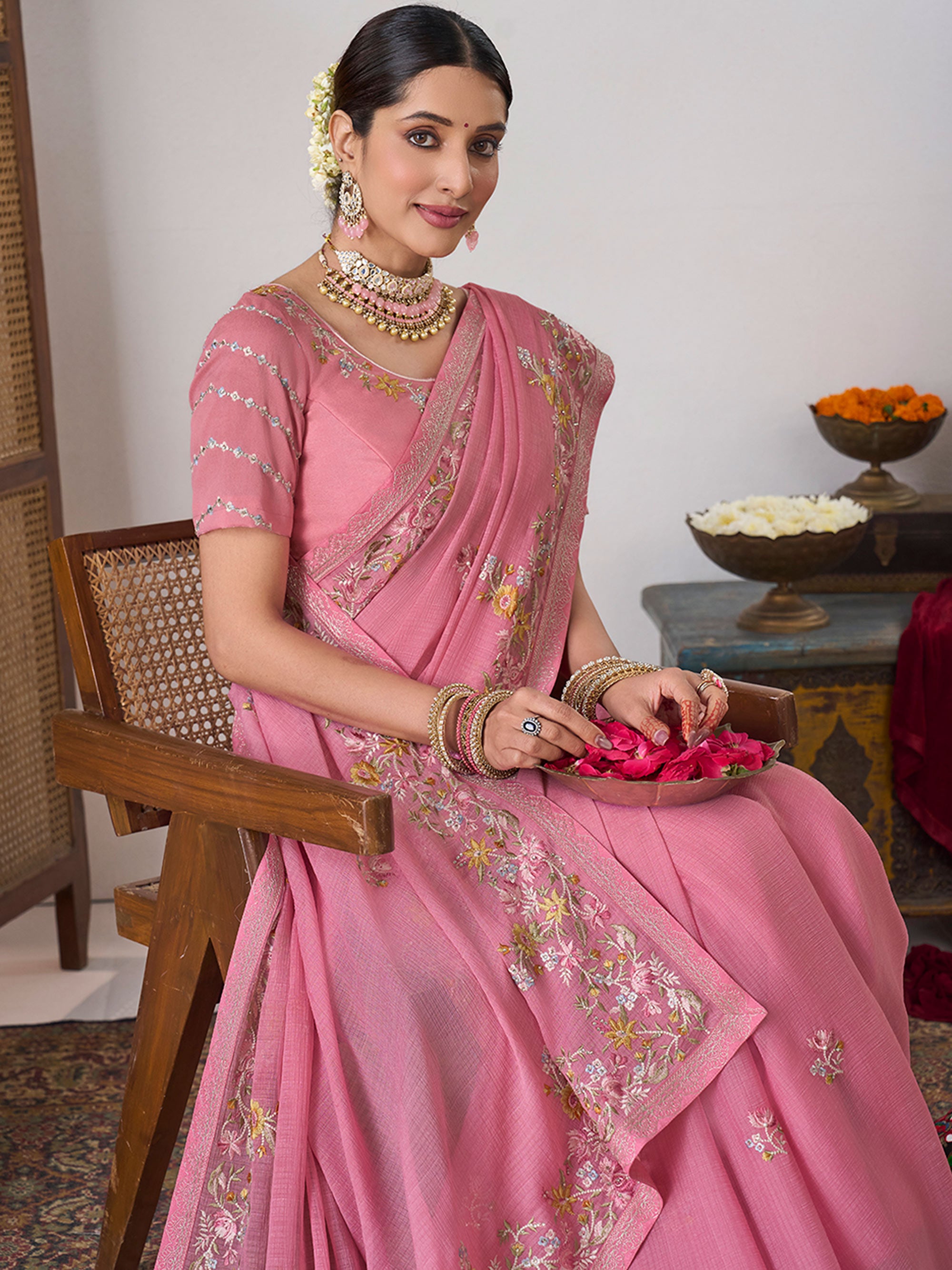 Pink designer chiffon saree
