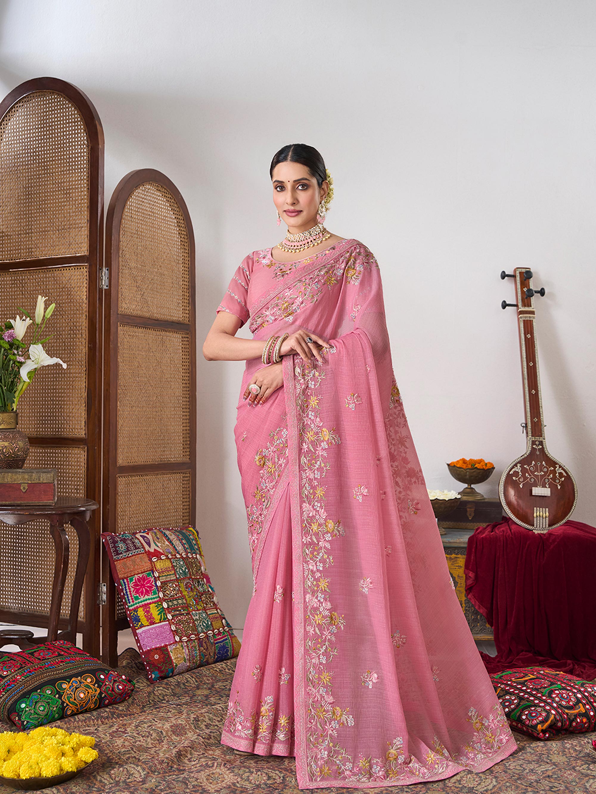 Pink designer chiffon saree
