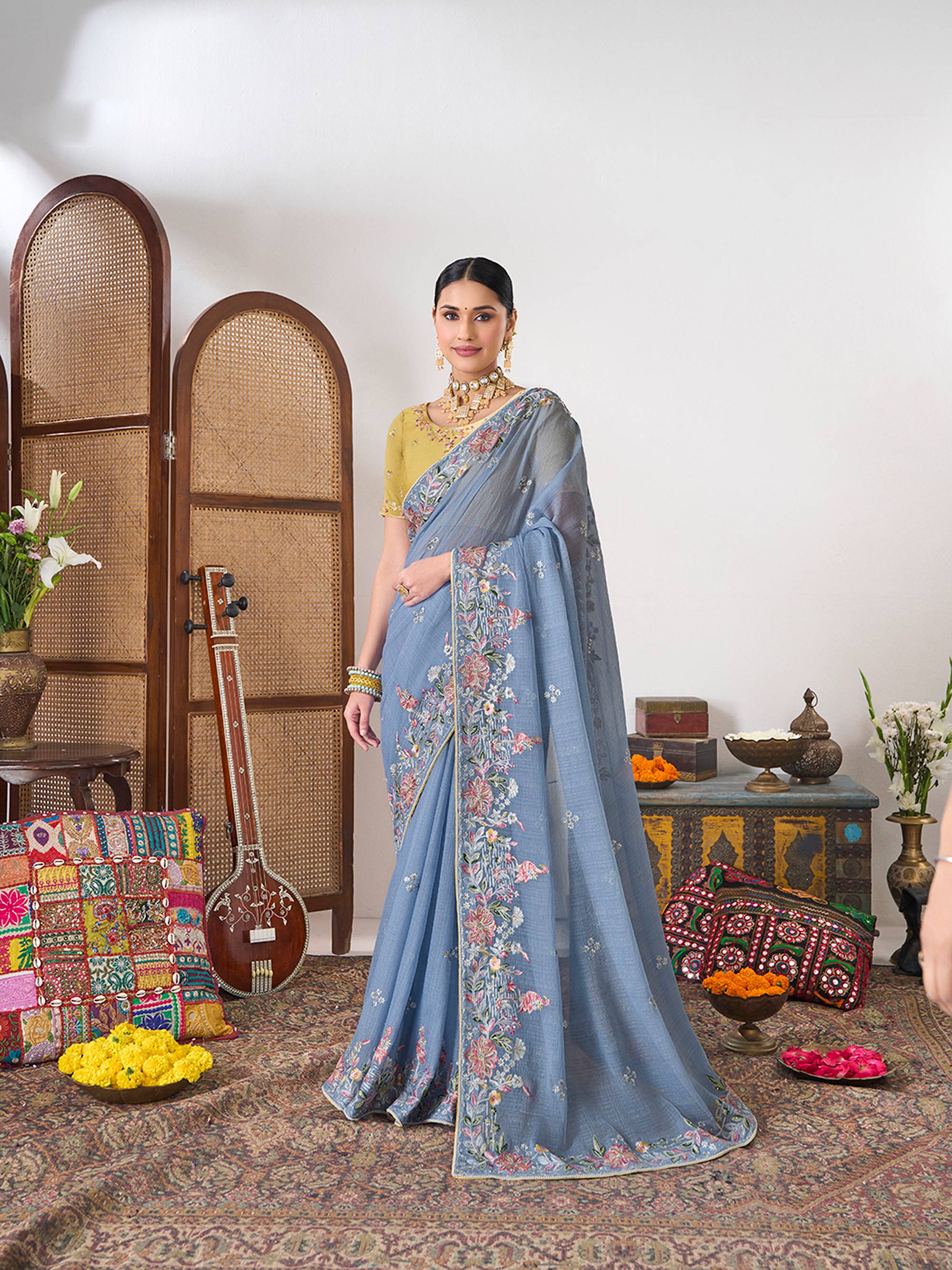 Blue embroidered chiffon saree