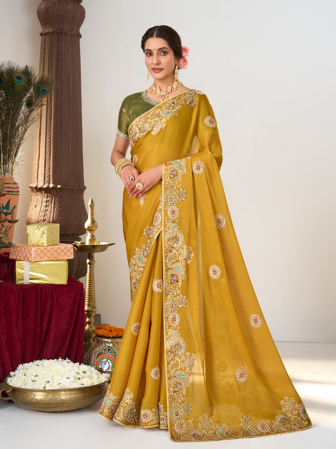 yellow organza saree