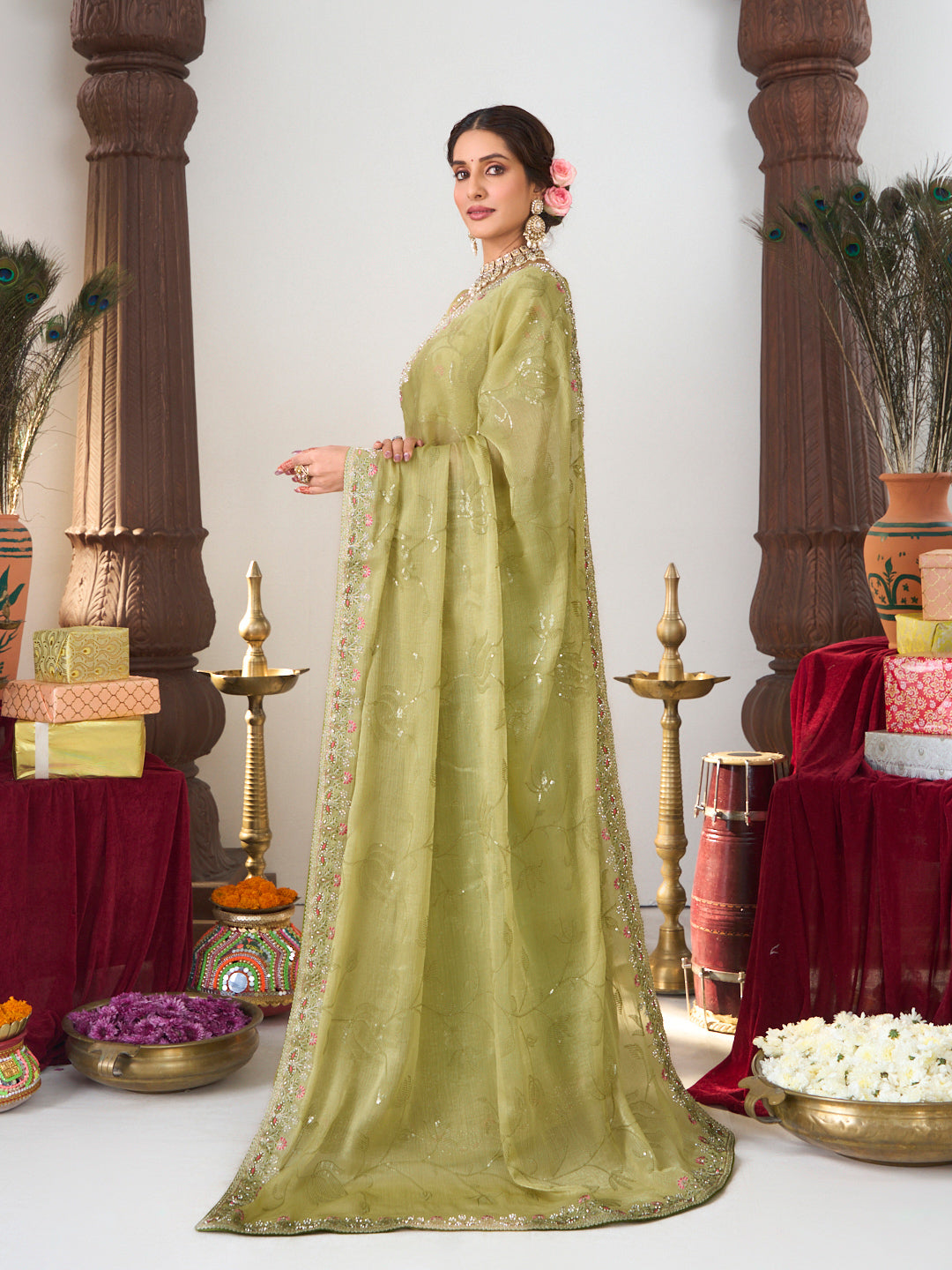 Green silk blend saree