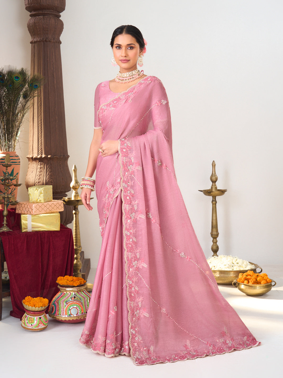 Pink organza stone saree