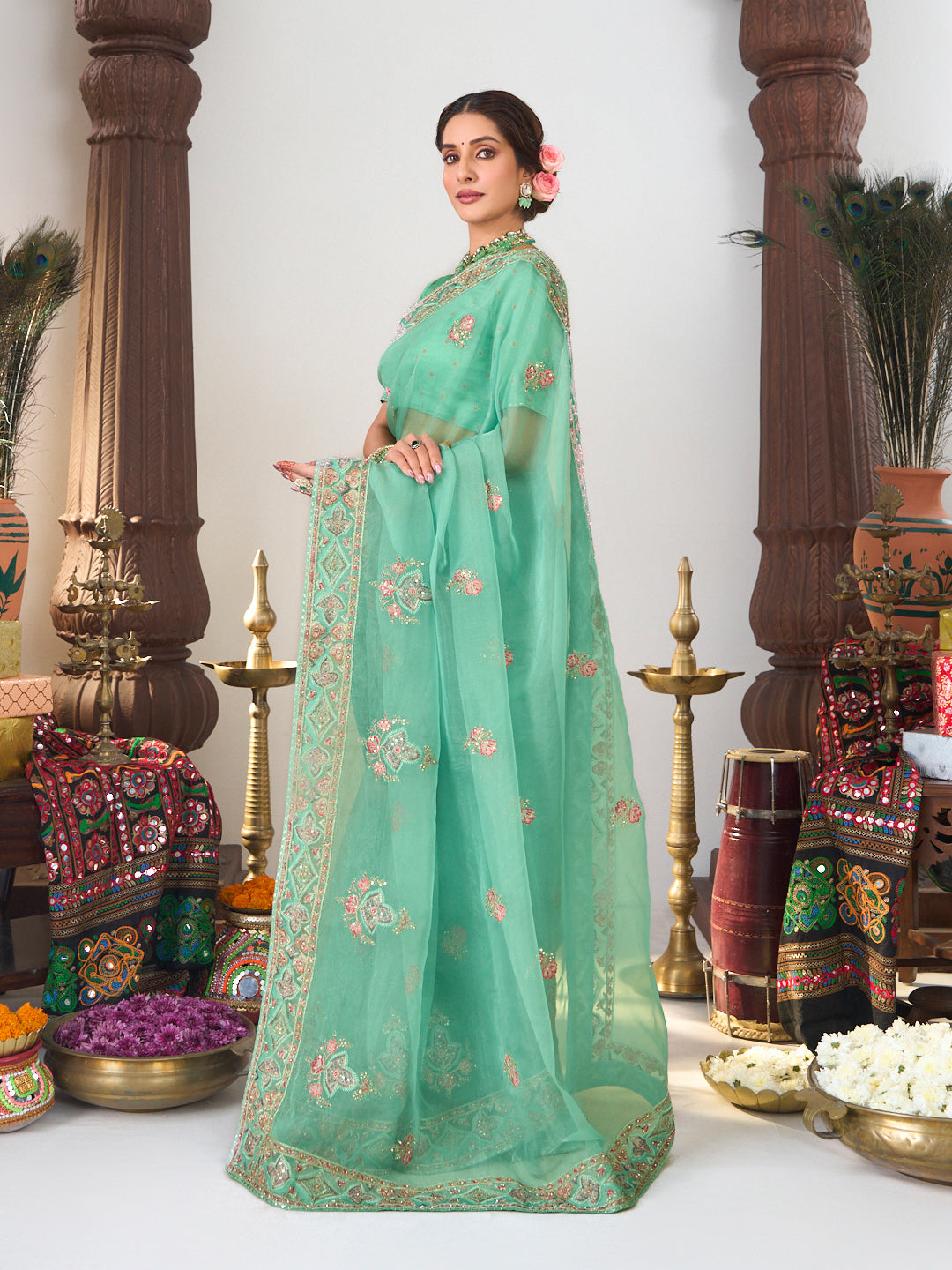 floral stone embroidery saree