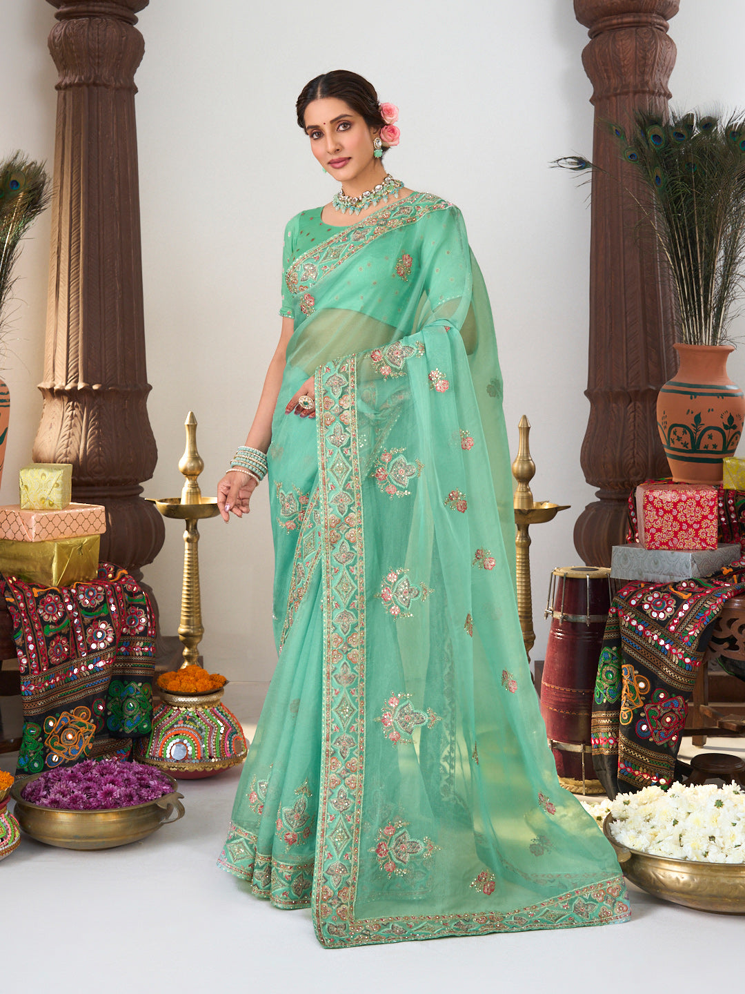 green organza saree