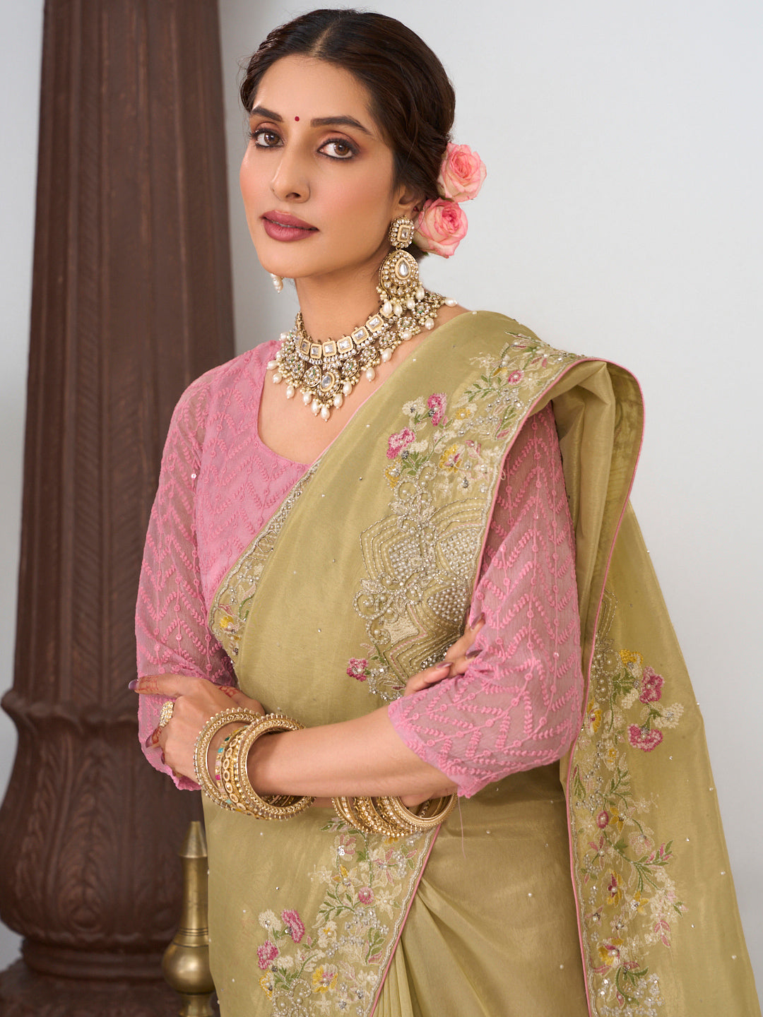 stone embroidery floral saree