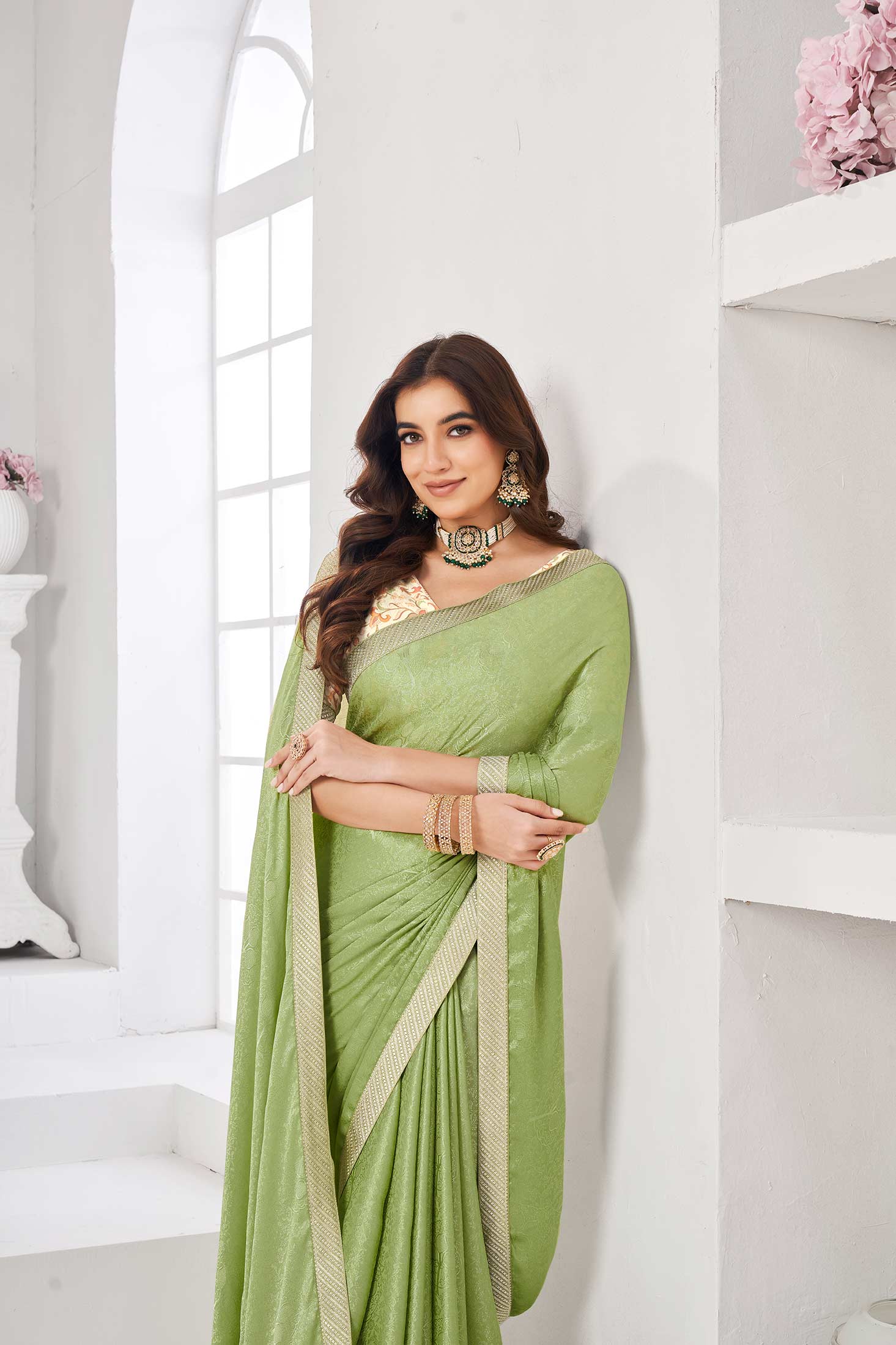 Mint green floral lace printed saree