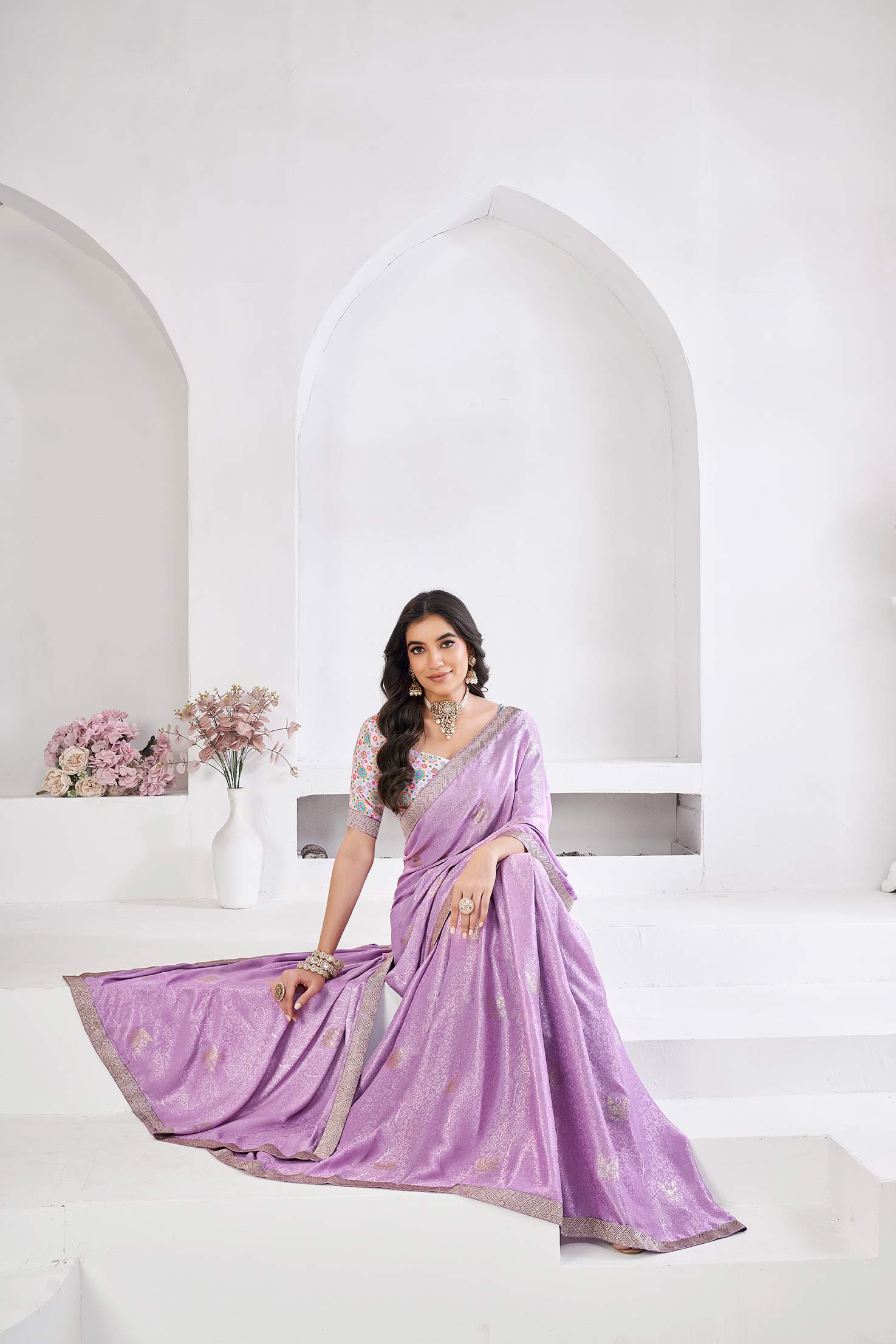 Lavender floral print saree for day events