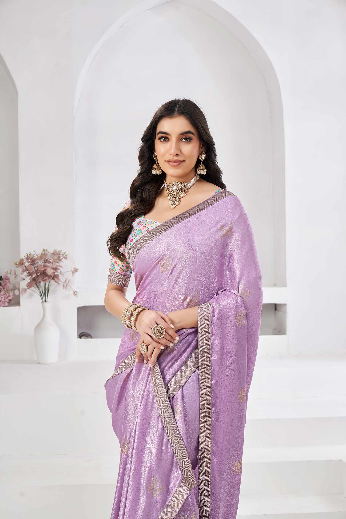 Lavender colour saree with floral print