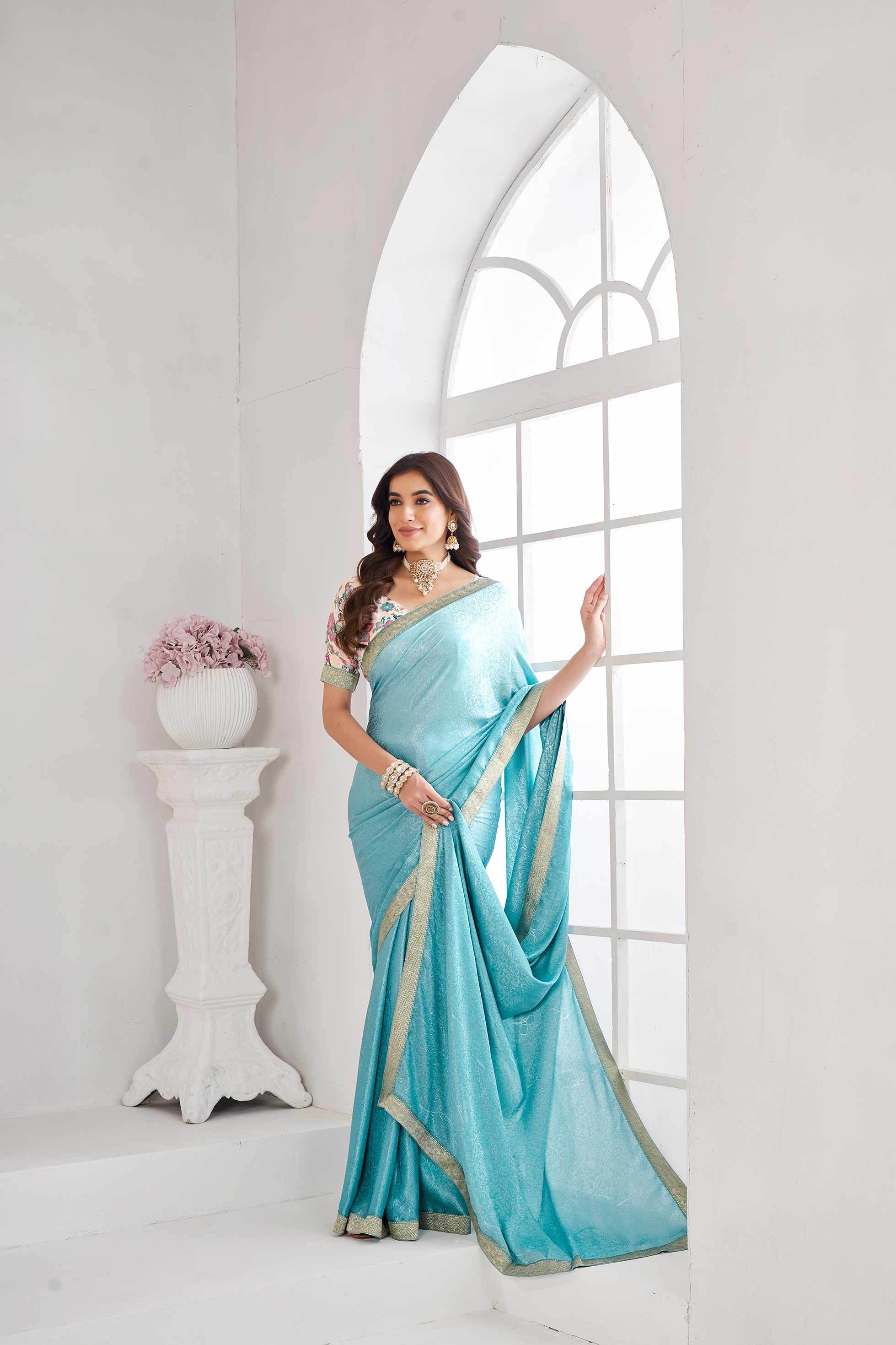 Teal blue floral print daily wear saree