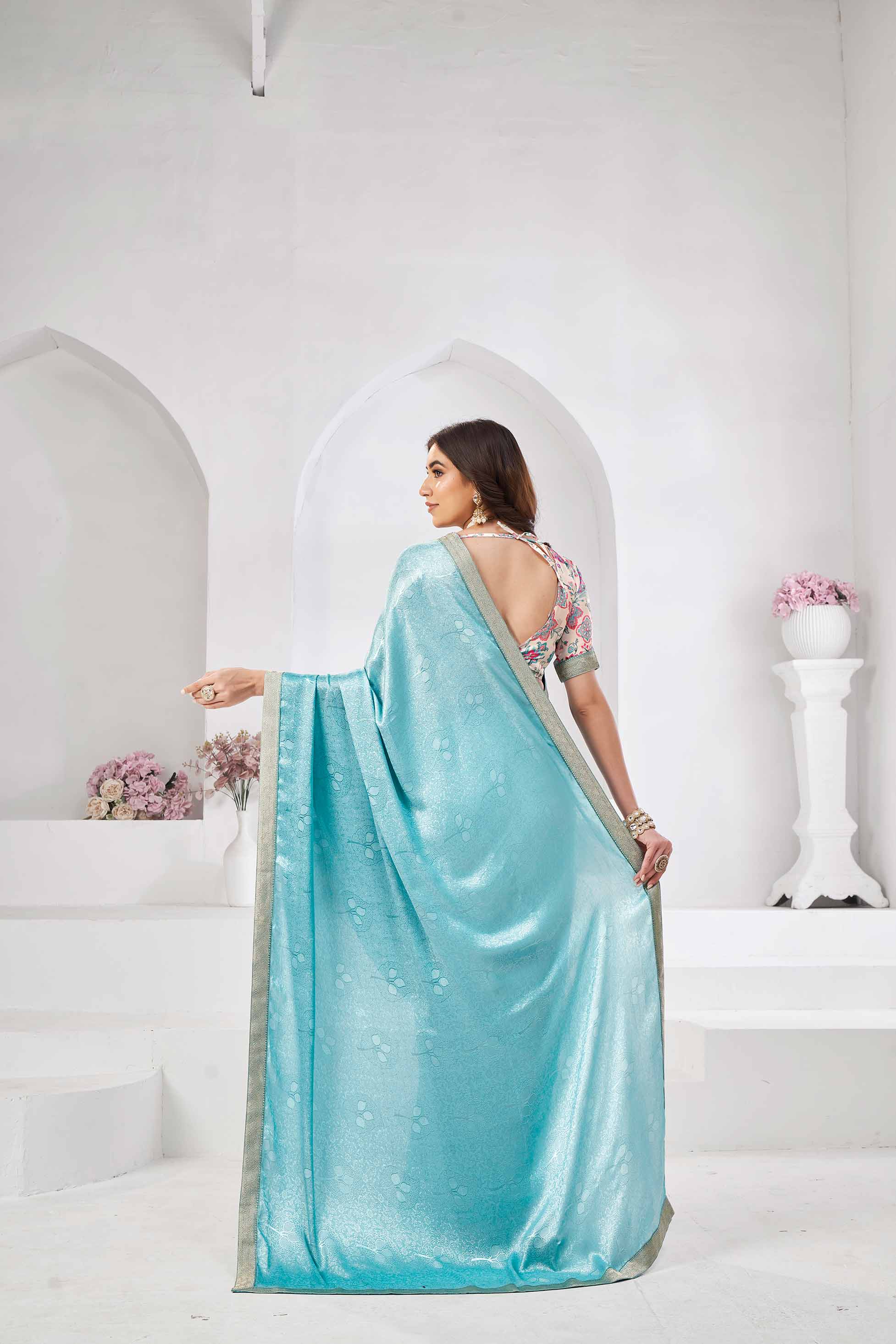 Sky blue floral print saree