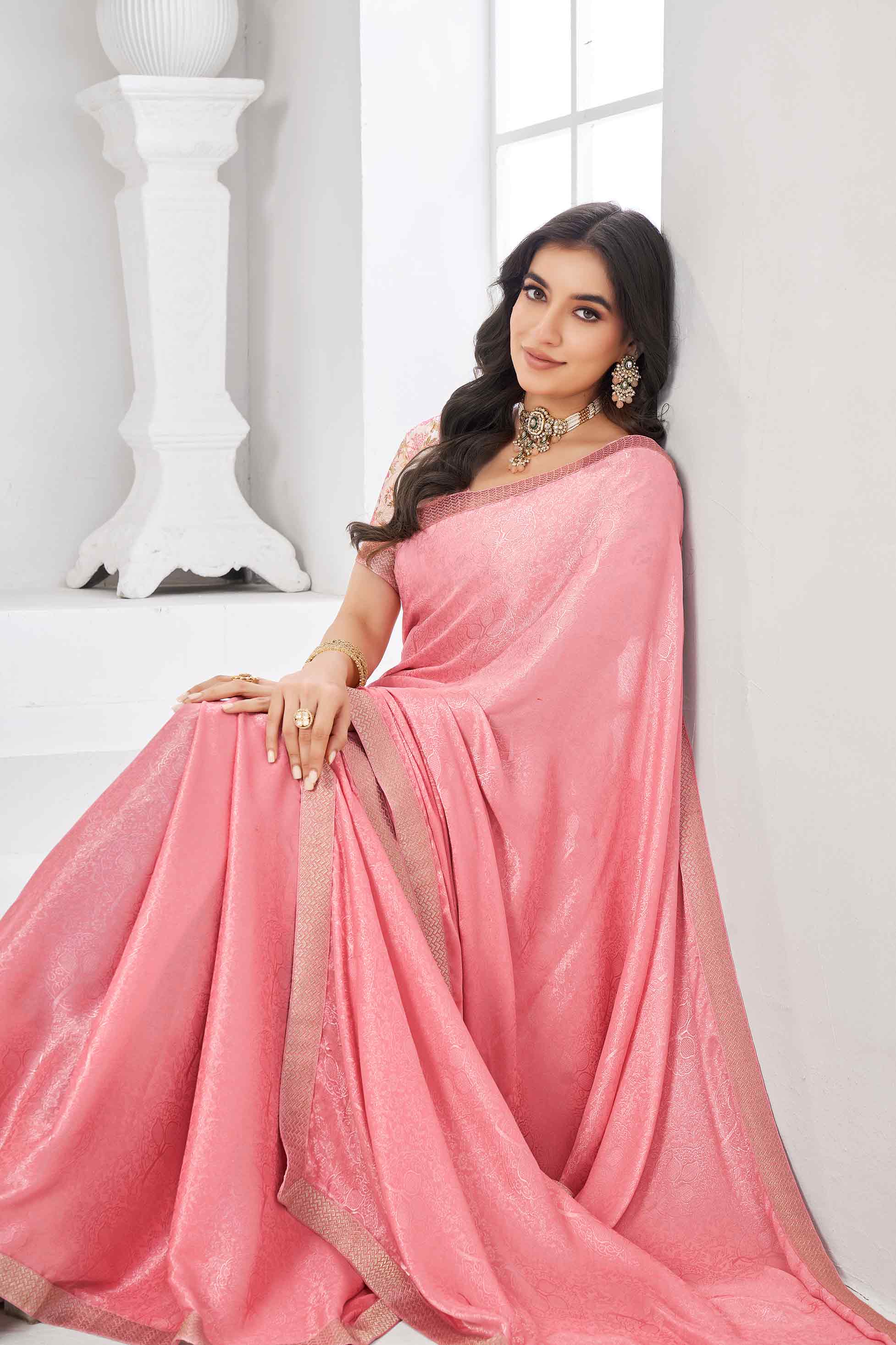 Pink floral print saree