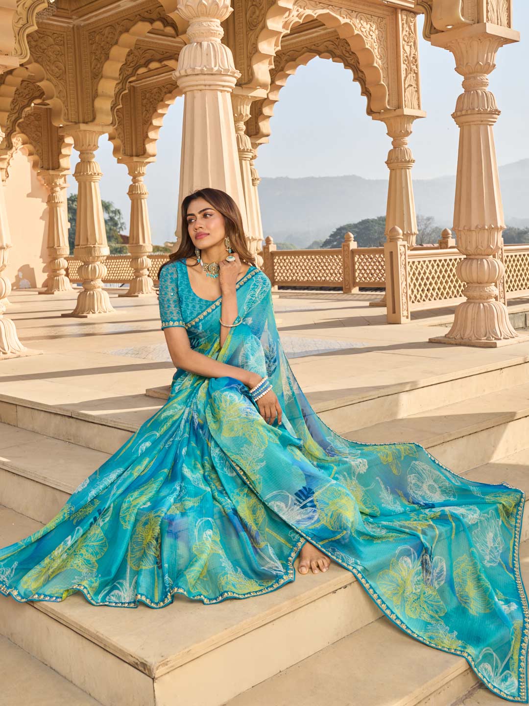Teal blue saree with silk blouse