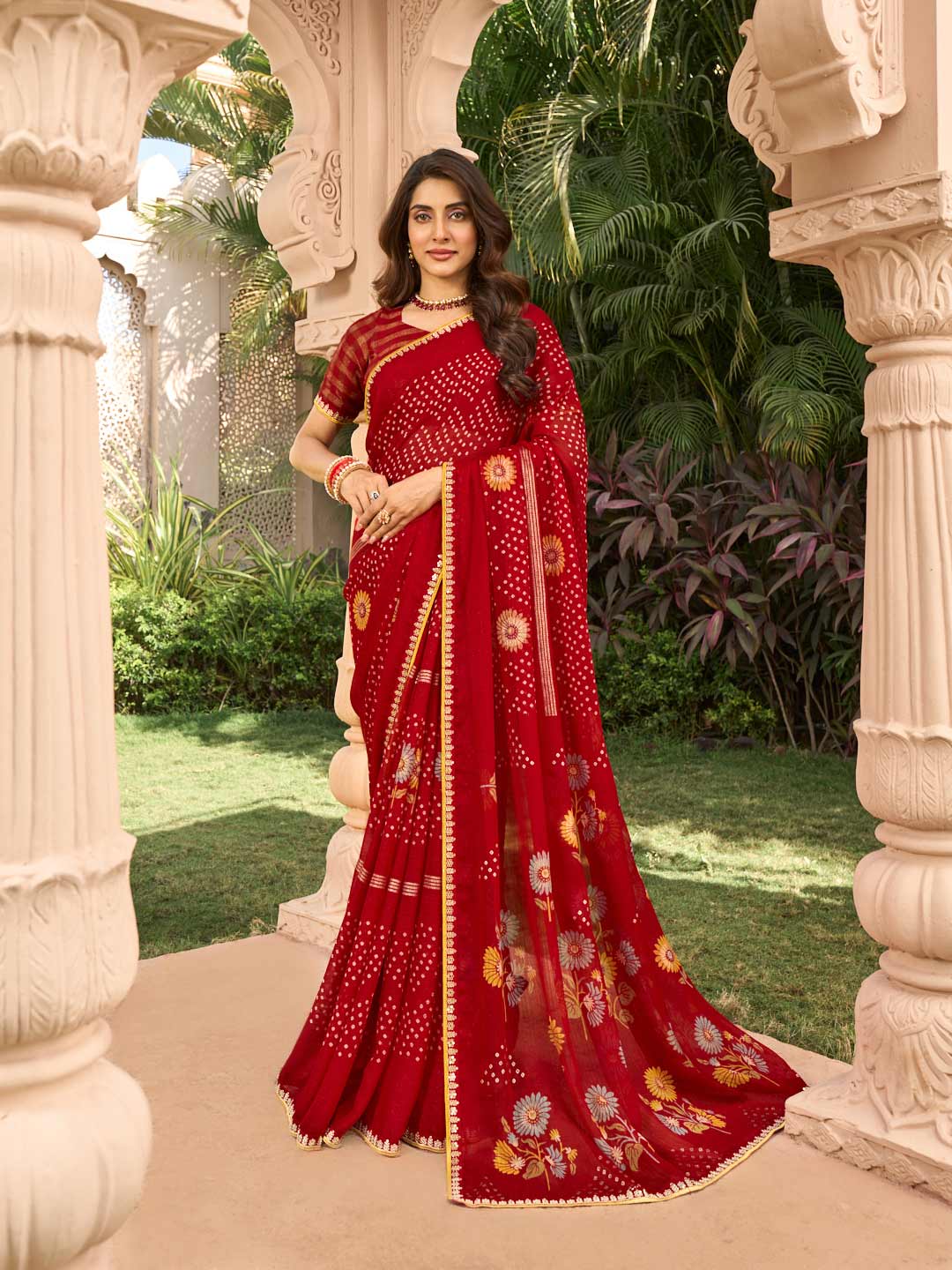 Red printed chiffon saree