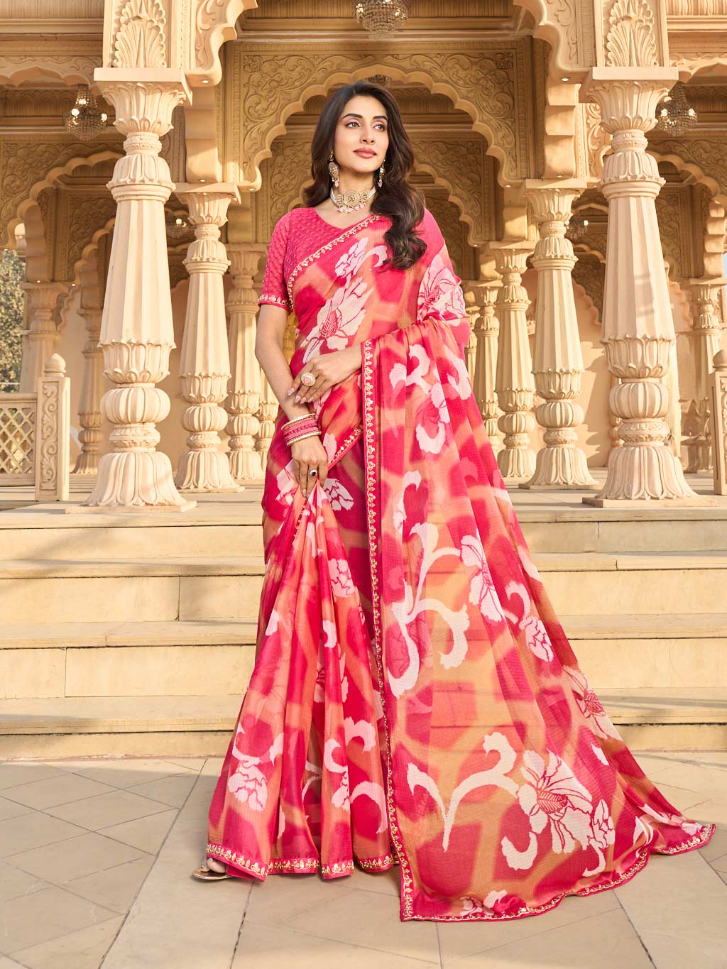 Pink floral chiffon saree full look