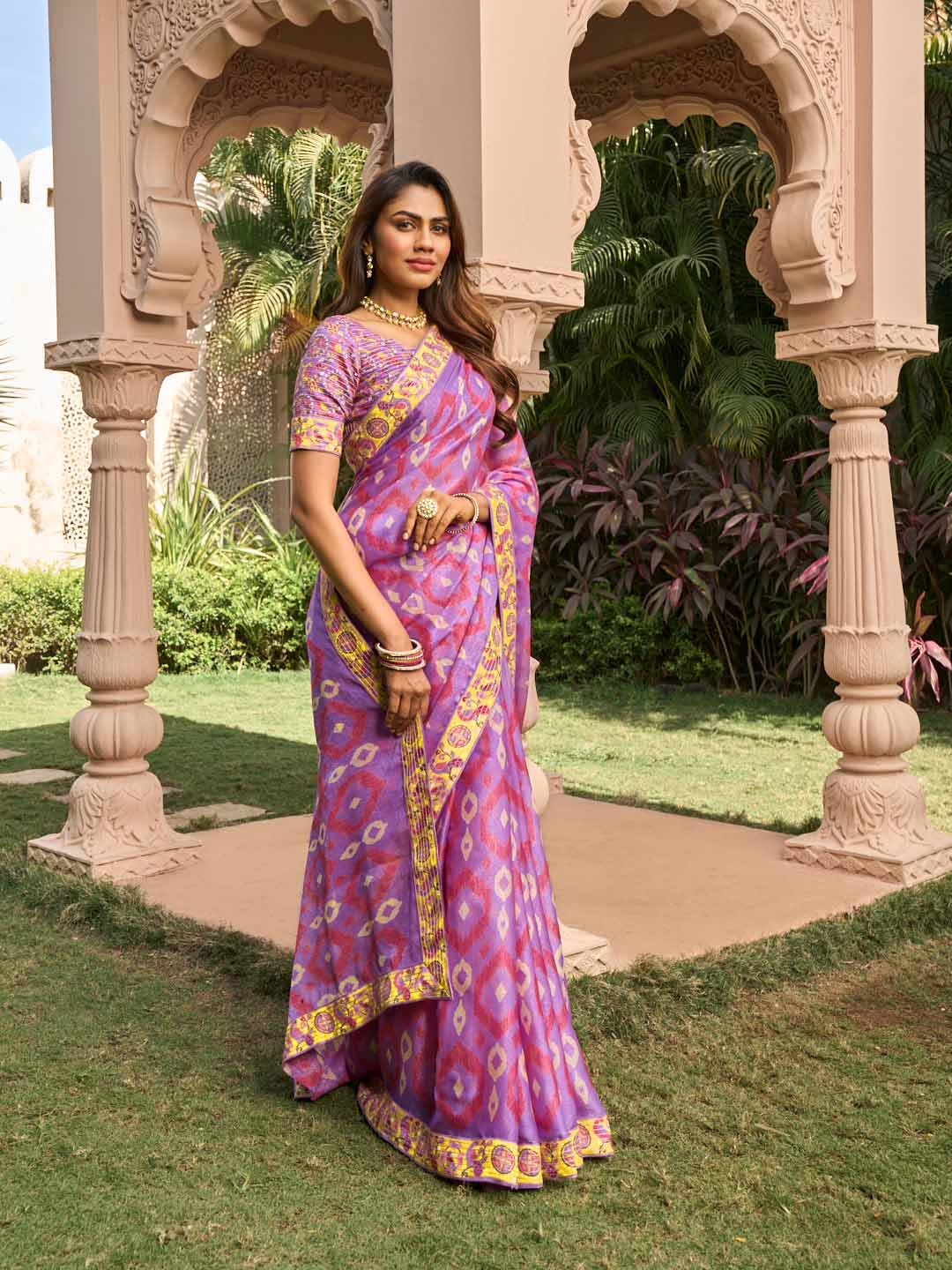 Purple saree with matching silk blend blouse