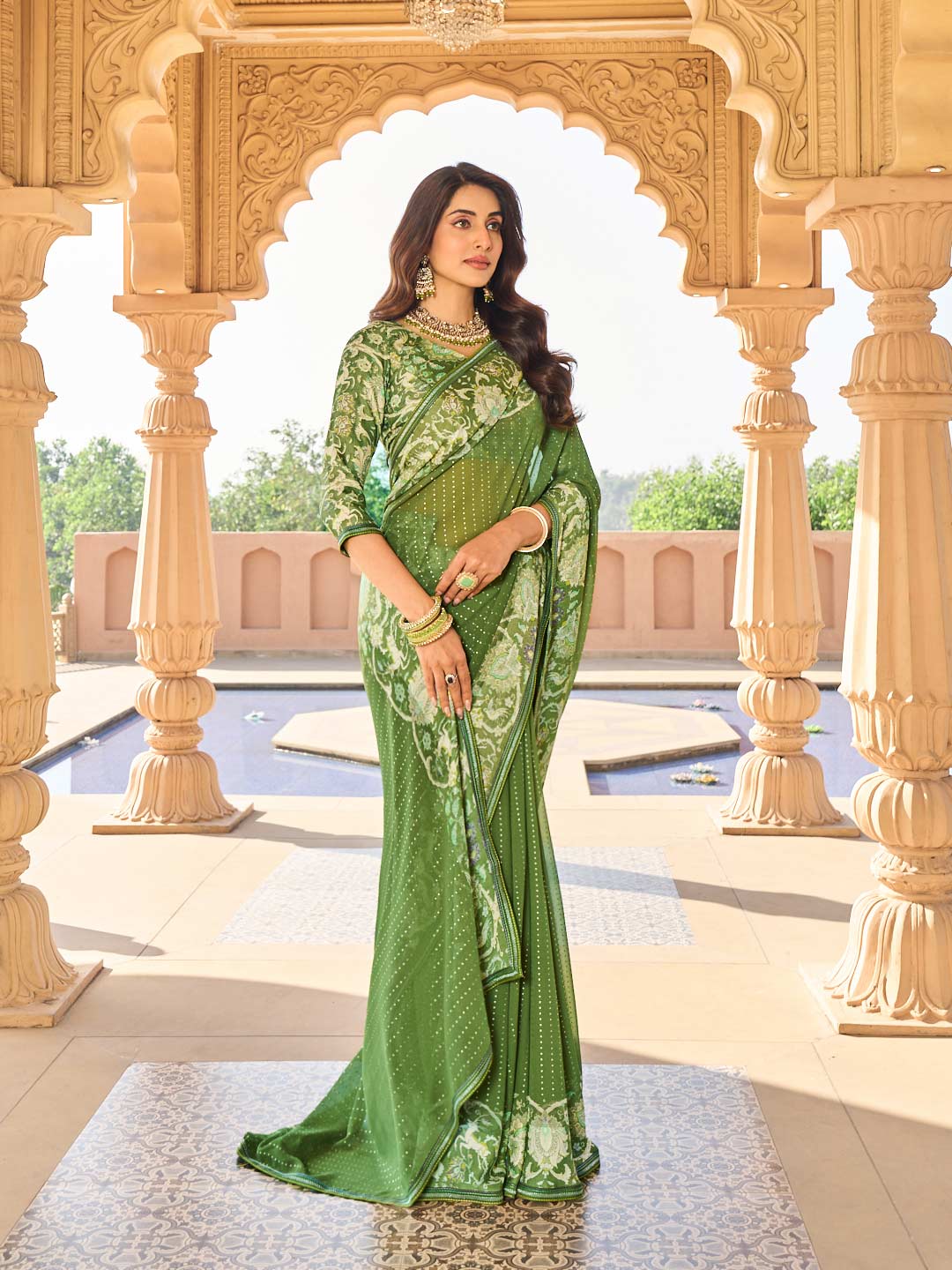 Green saree with silk blend blouse