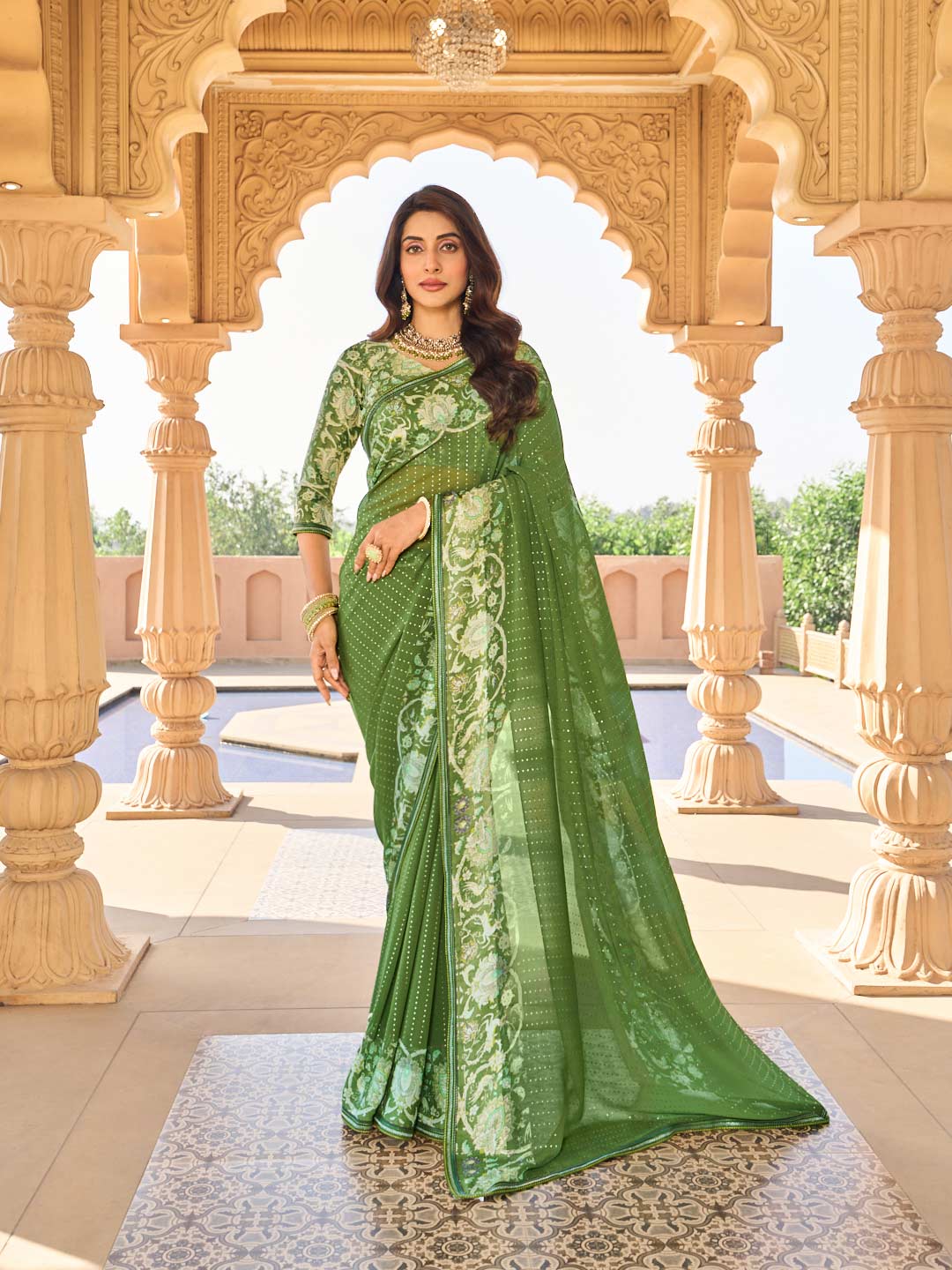 Green floral georgette saree front view