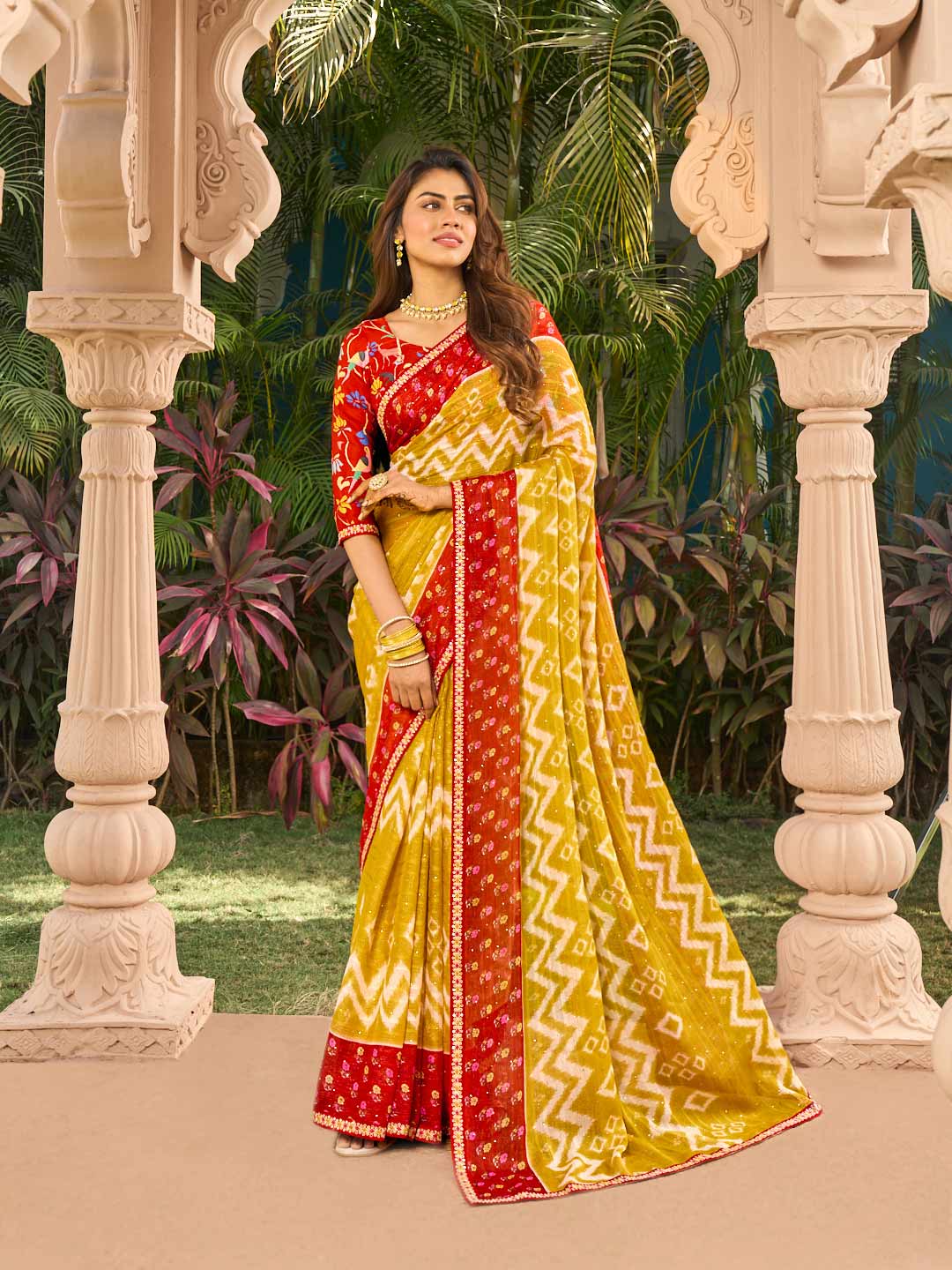 Mustard ikkat chiffon saree