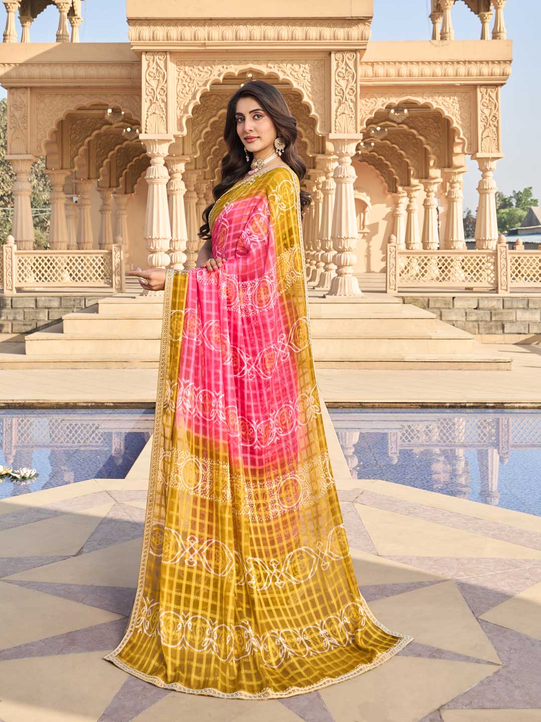 Pink saree with olive green blouse