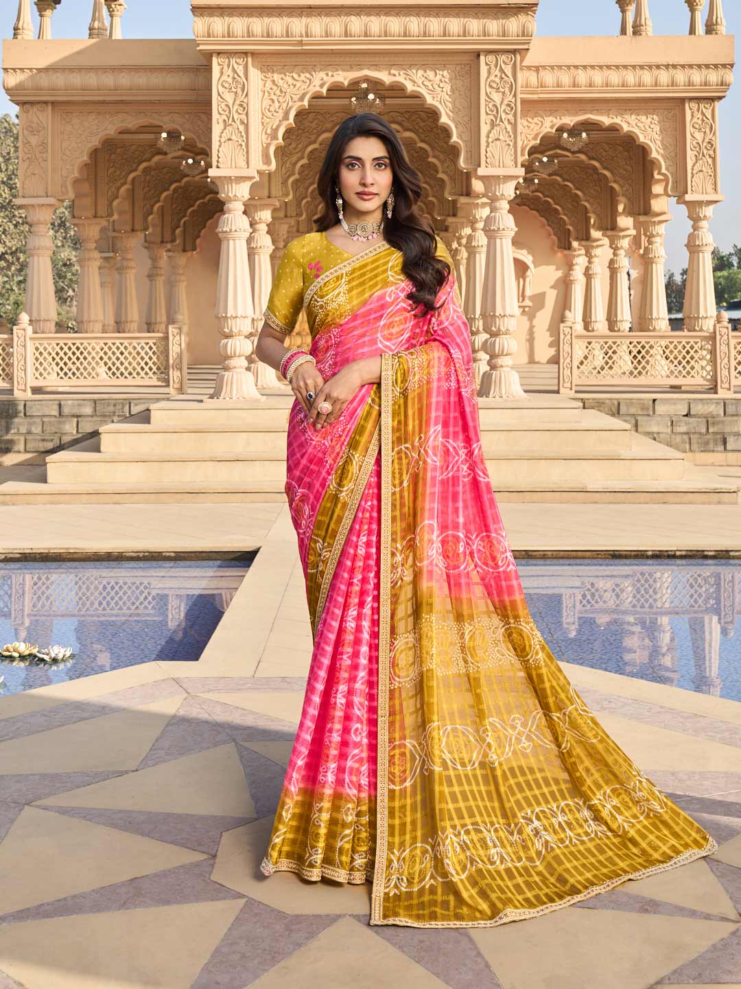 Pink floral chiffon saree full view