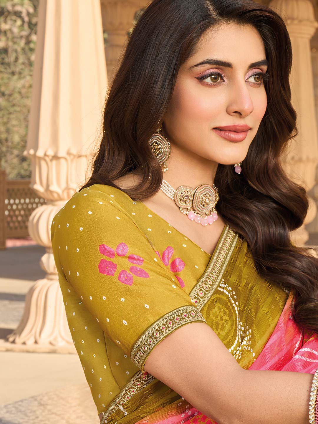 Printed pink saree look