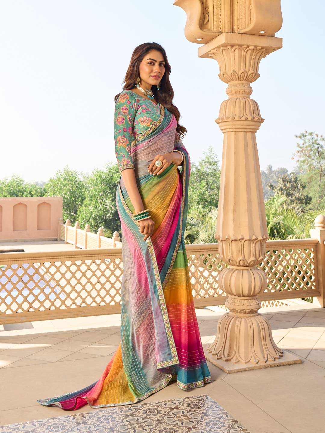 Multicolor georgette saree with green blouse