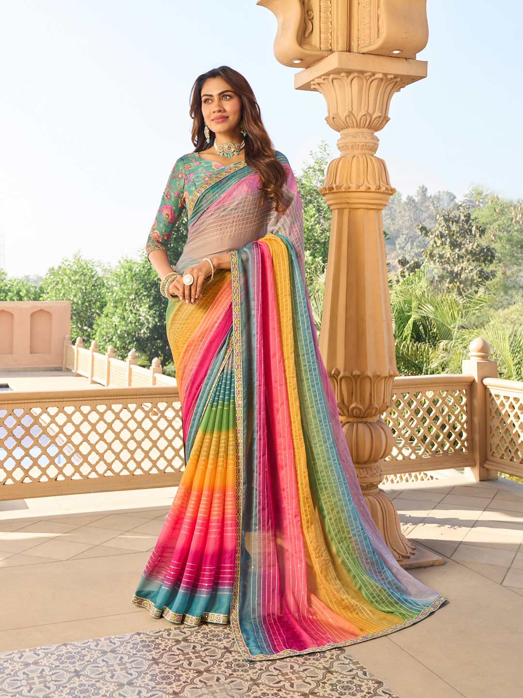 Multicolor lined patterns georgette saree