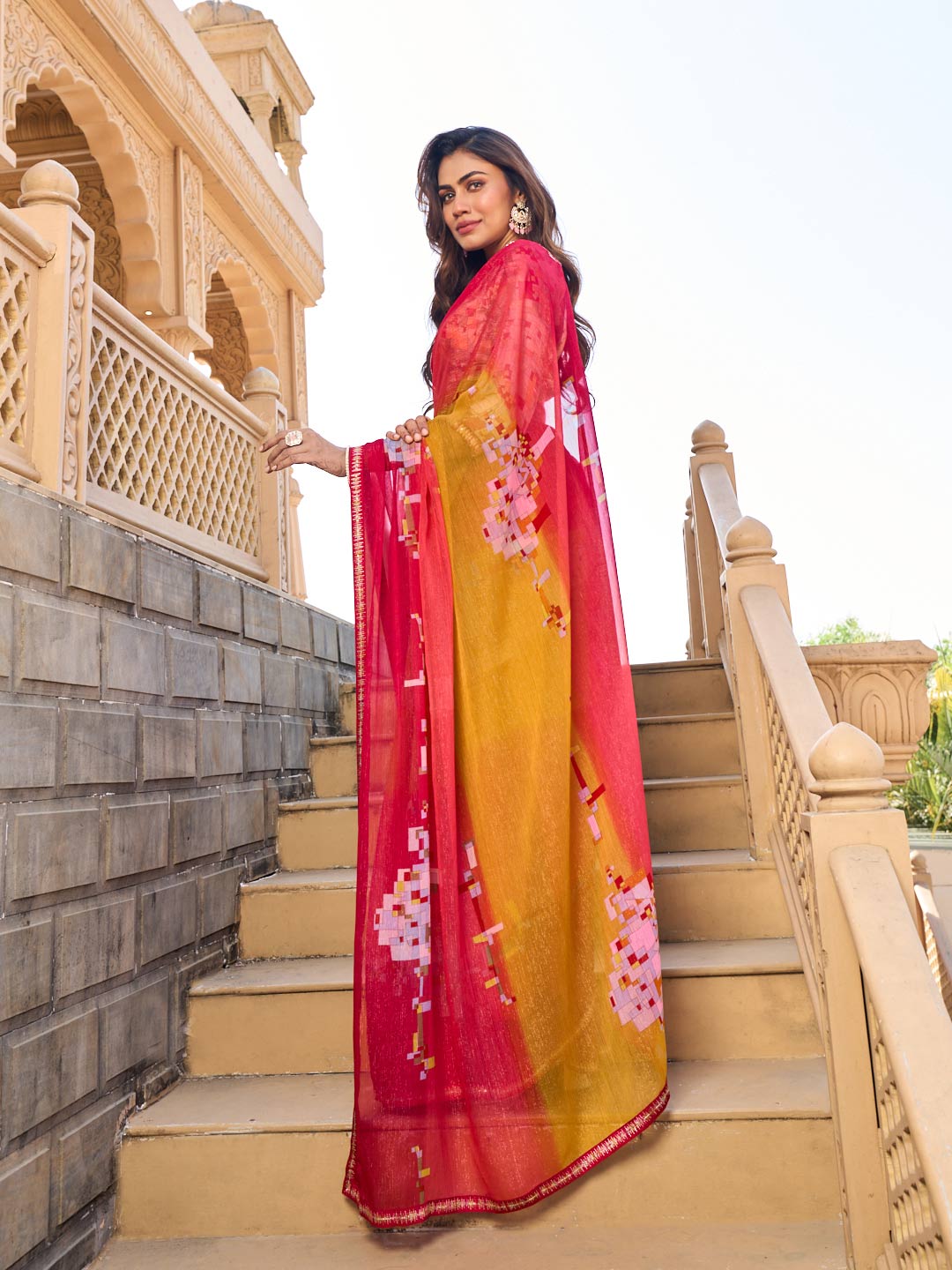 Multicolor chiffon saree with cream blouse