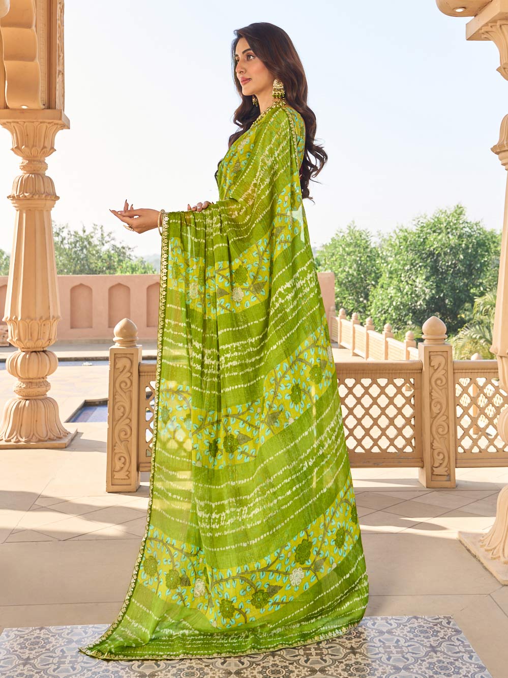 Green chiffon saree with matching blouse