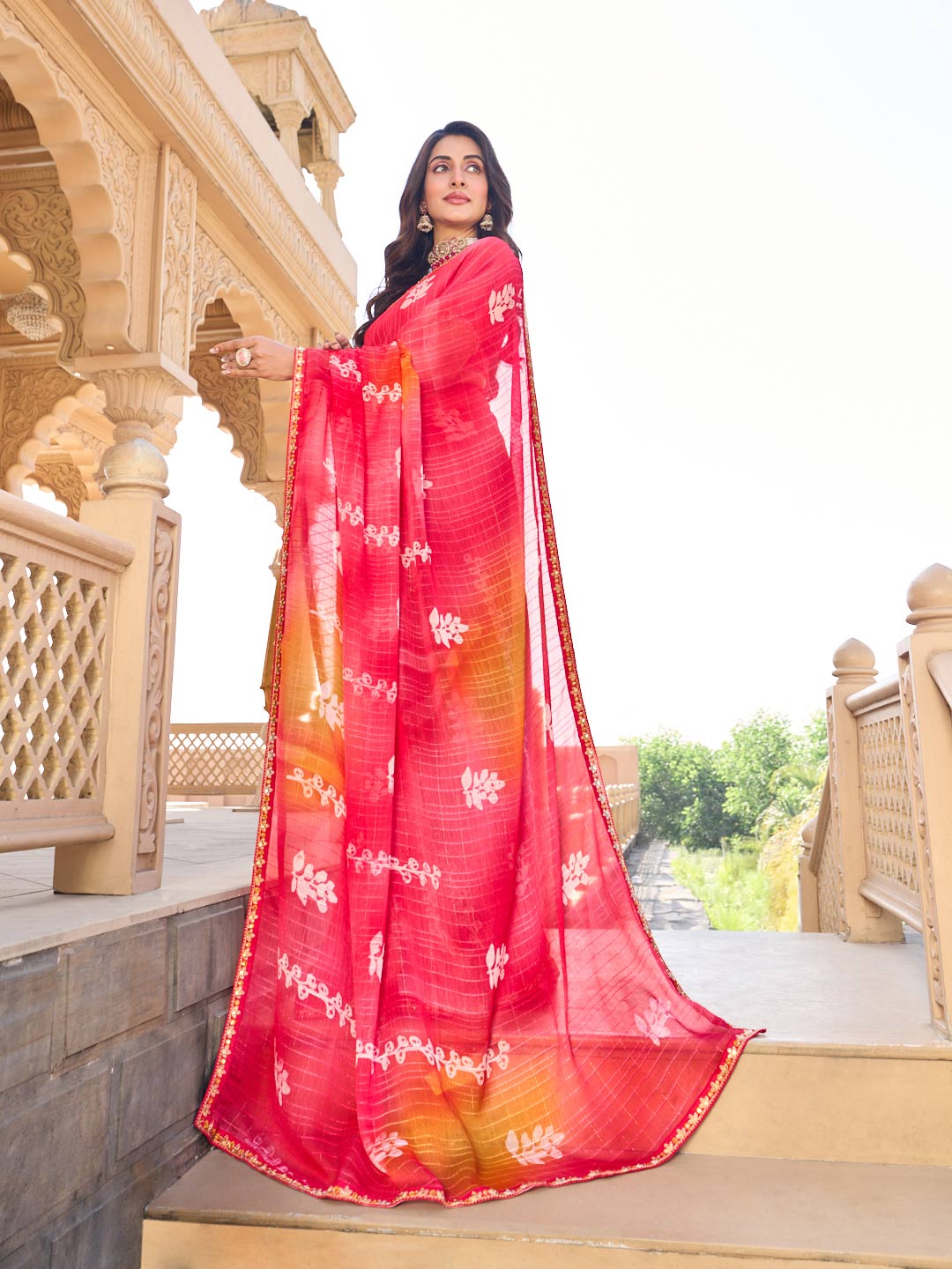 Floral design on chiffon saree