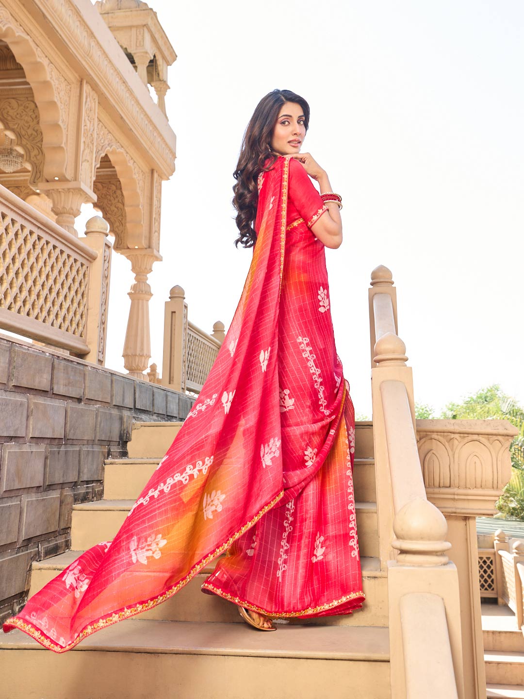 Pink chiffon saree with matching blouse