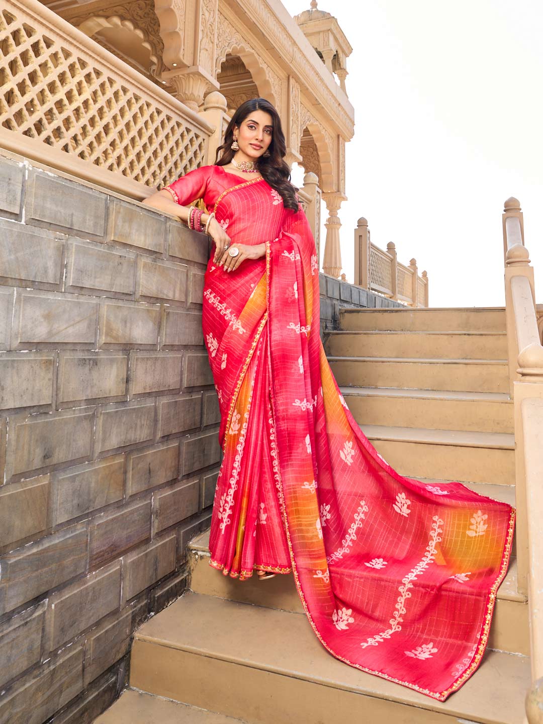 Pink floral print chiffon saree